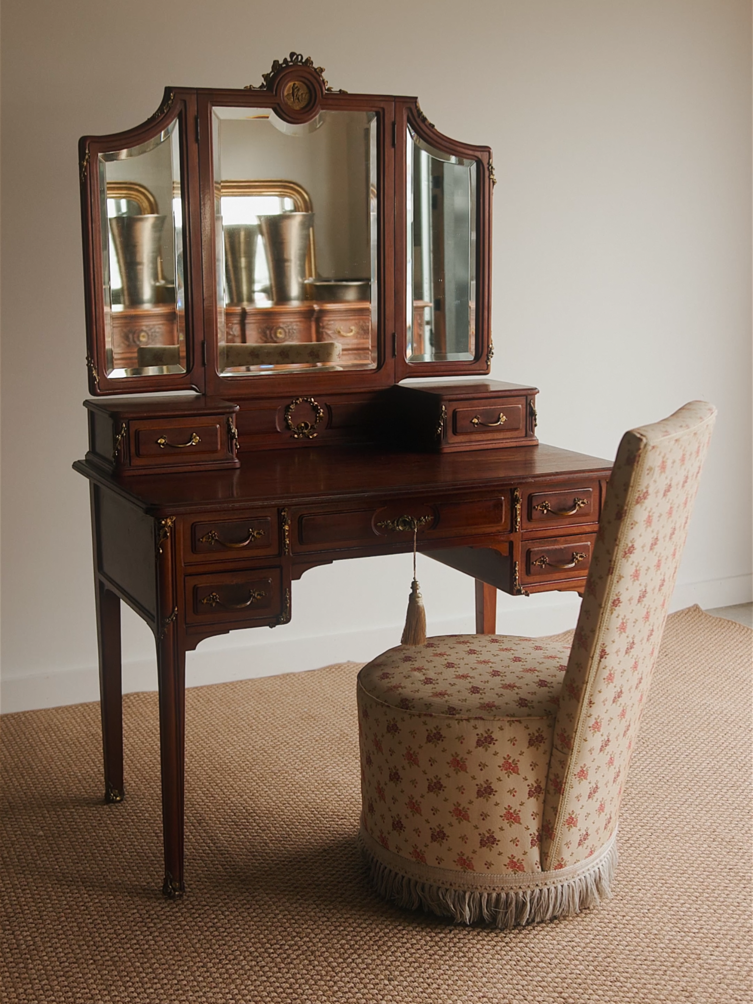 French Trifold Mirrored Vanity With Bronze Accents & Upholstered Chair