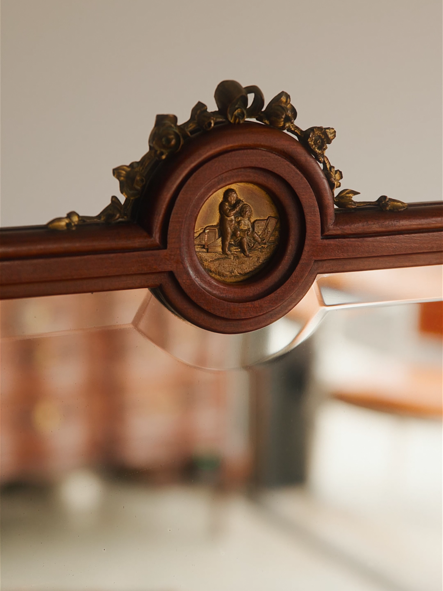 French Trifold Mirrored Vanity With Bronze Accents & Upholstered Chair