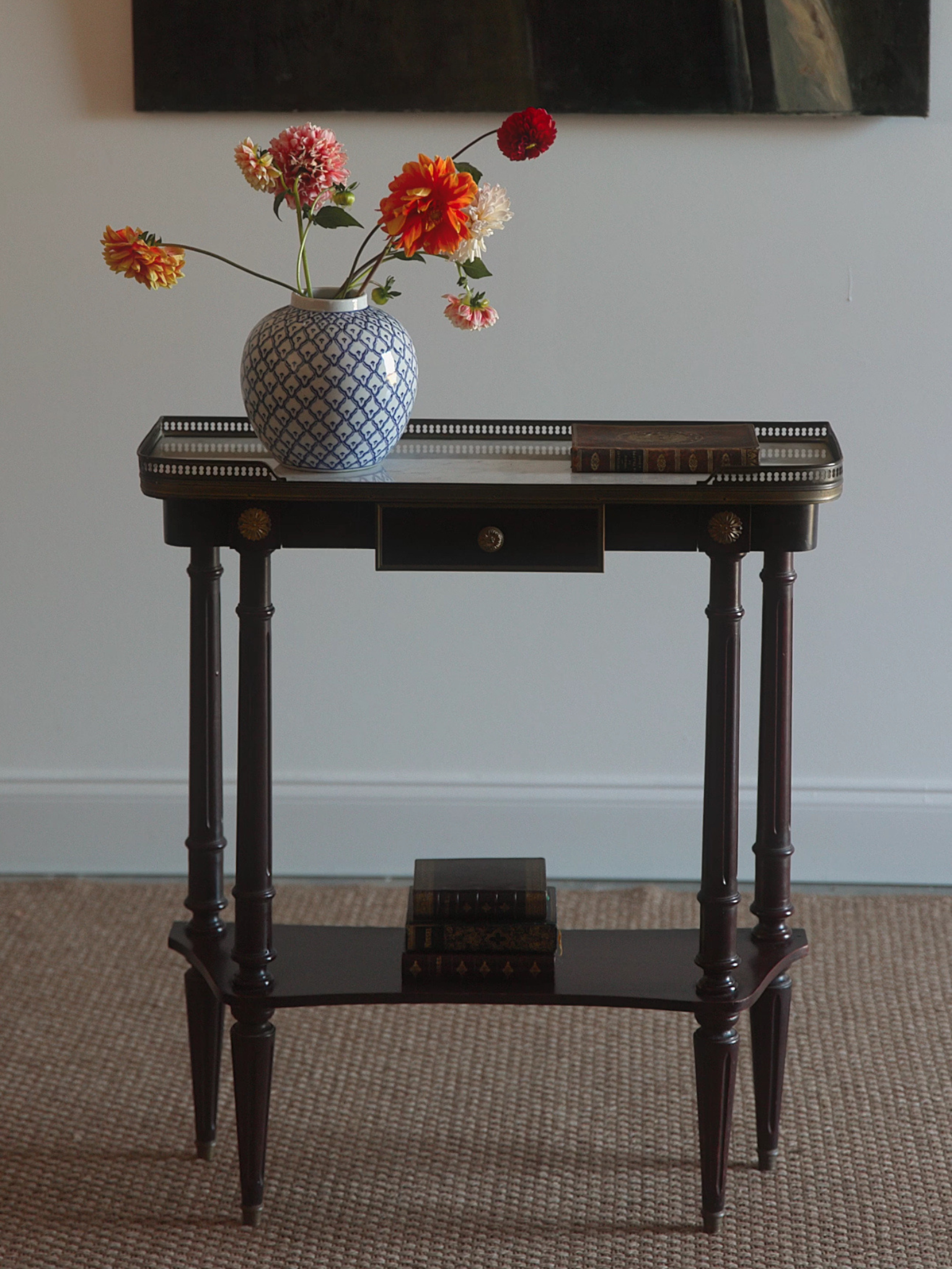 French Louis XVI–Style Mahogany Side Table with Marble Top