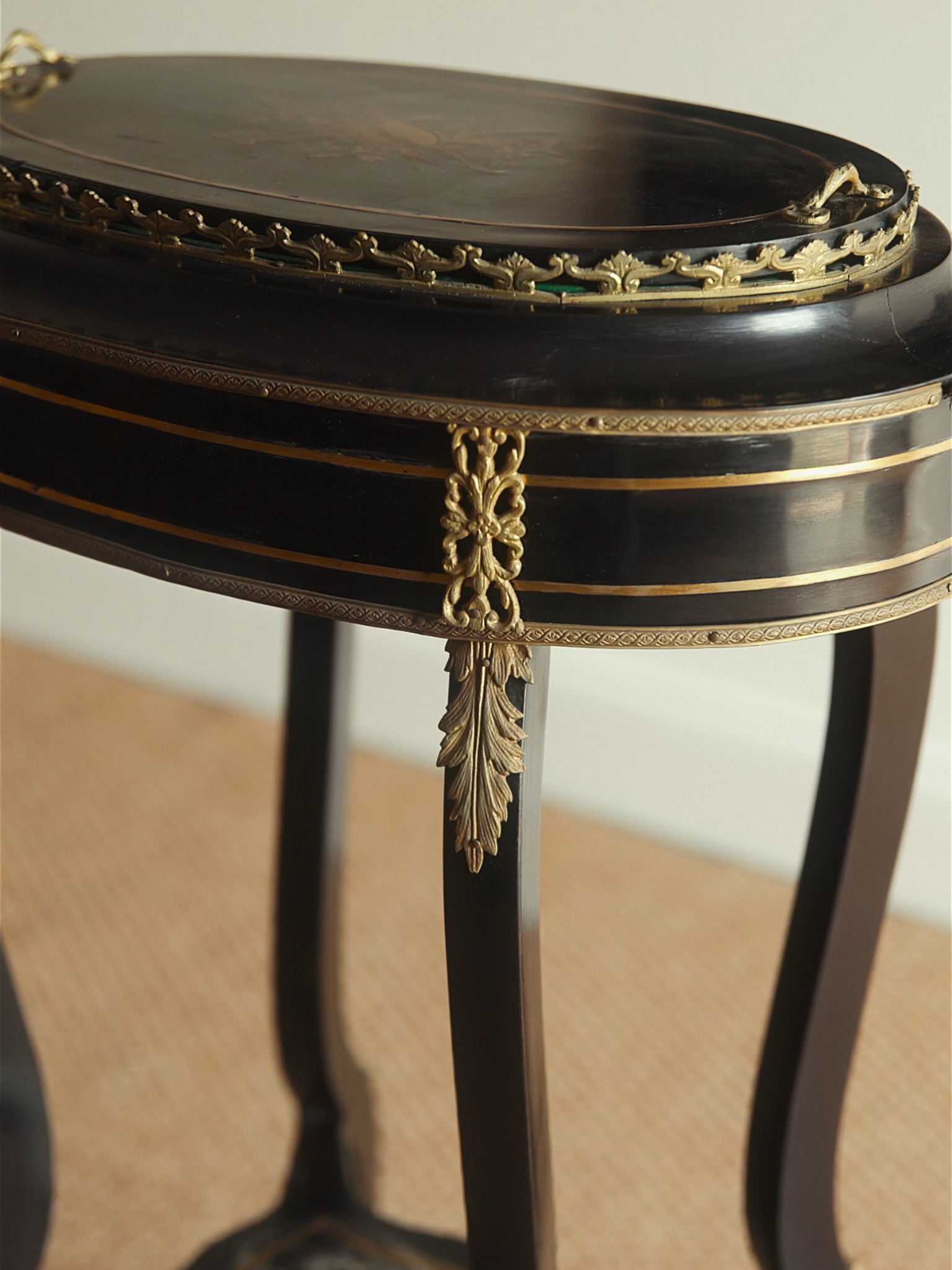 French Napoleon III Ebonized & Gilt Bronze Marquetry Jardinière Table with Original Green Liner