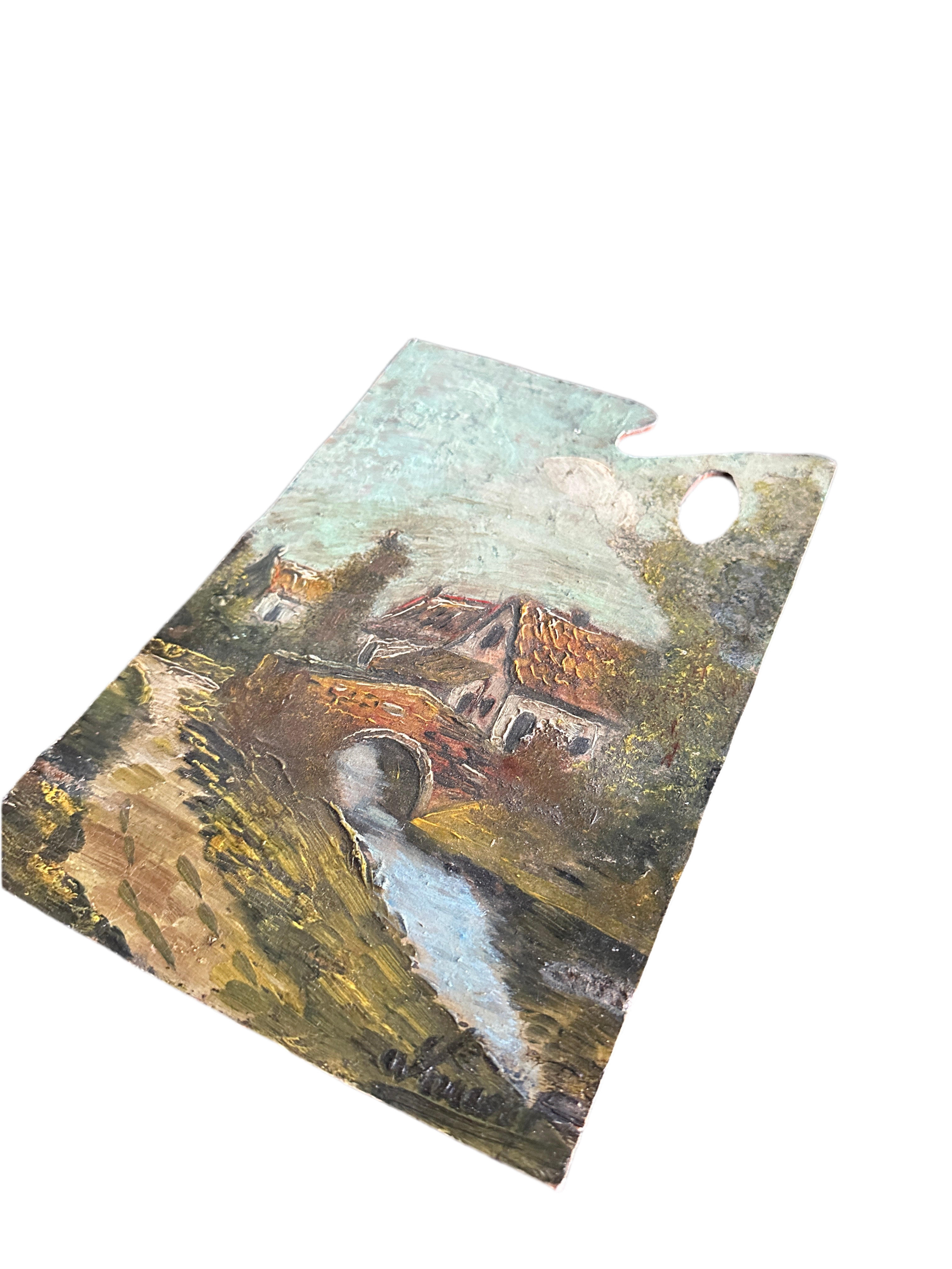 Oil Painting on Artists Palette - Rustic Village Scene