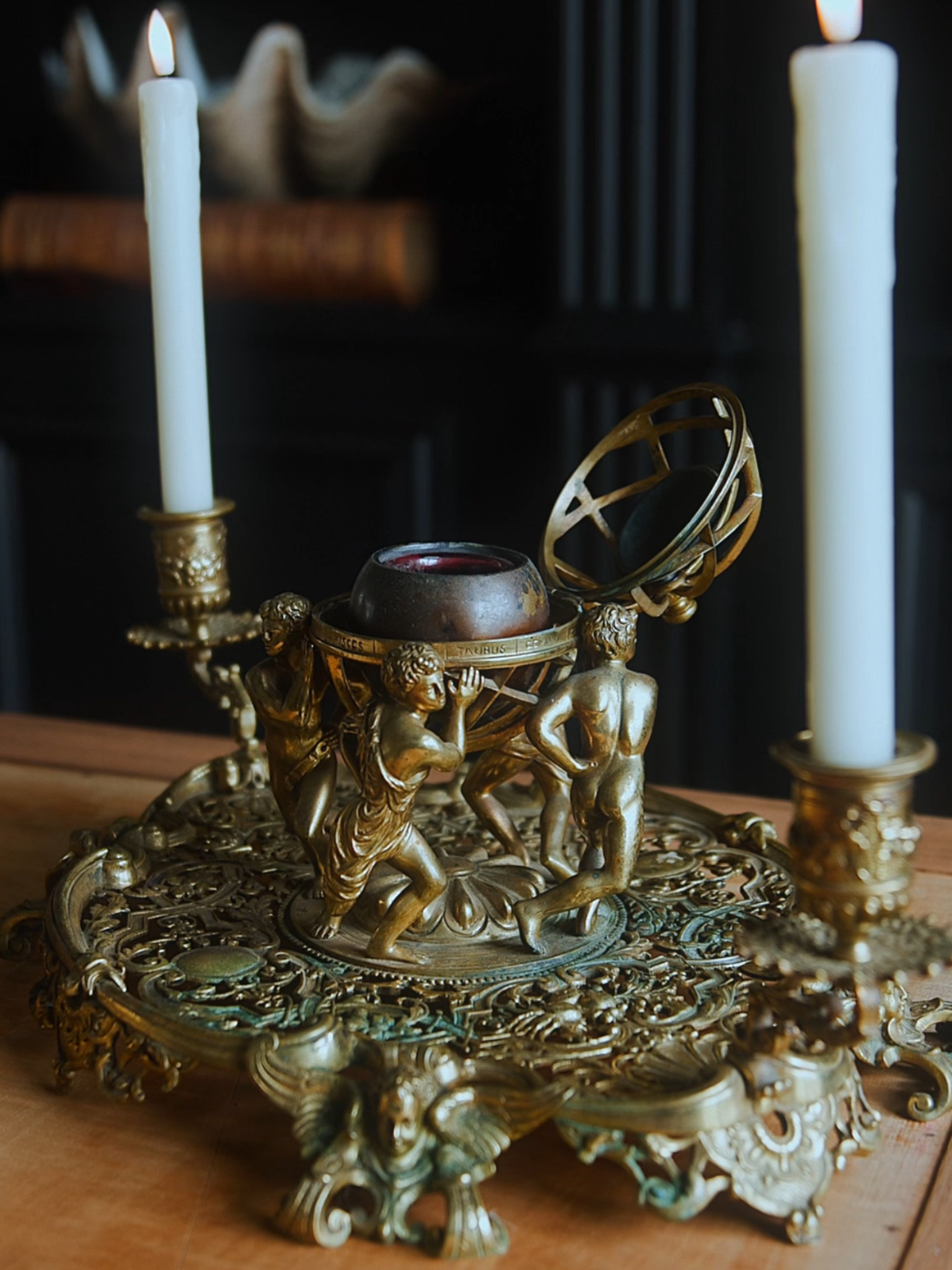 19th Century Gilded Globe Inkwell with Dual Candle Holders