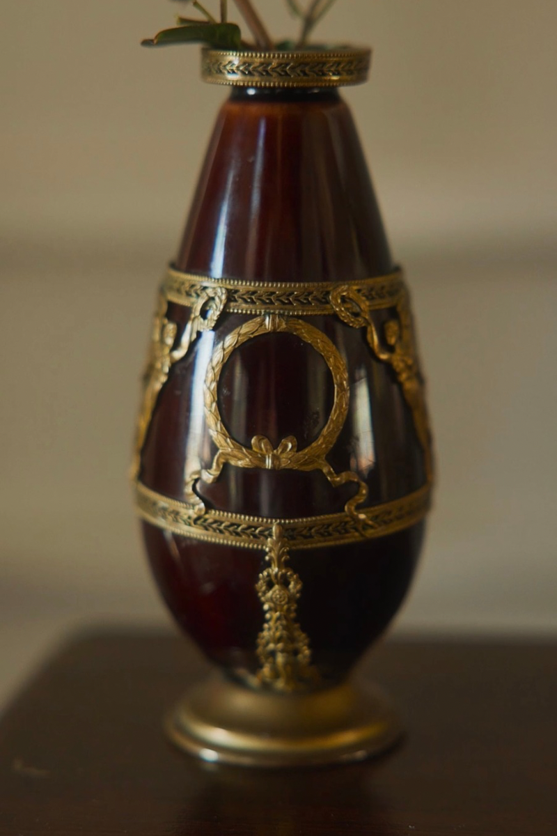 19th-Century Burgundy Glass Bud Vase with Winged Victory Mounts