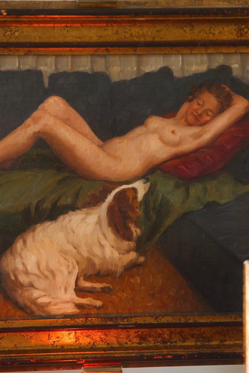 Reclining Nude with Spaniel | French School Oil Painting in Gilt Frame
