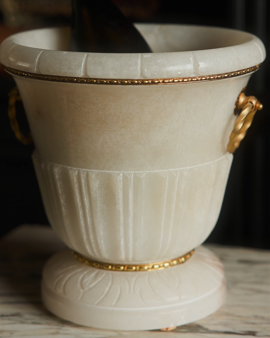 20th Century Alabaster Ice Bucket & Pedestal with Bronze Accents