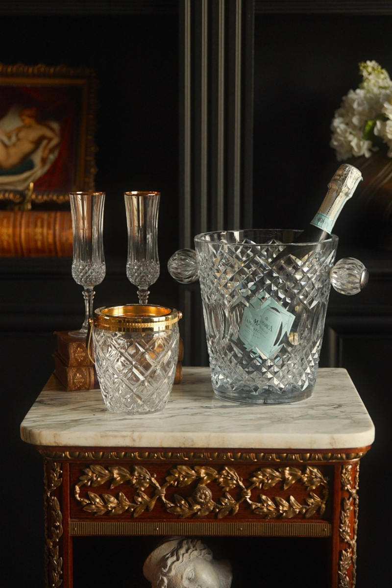 French Cut Crystal Champagne Bucket with Faceted Handles