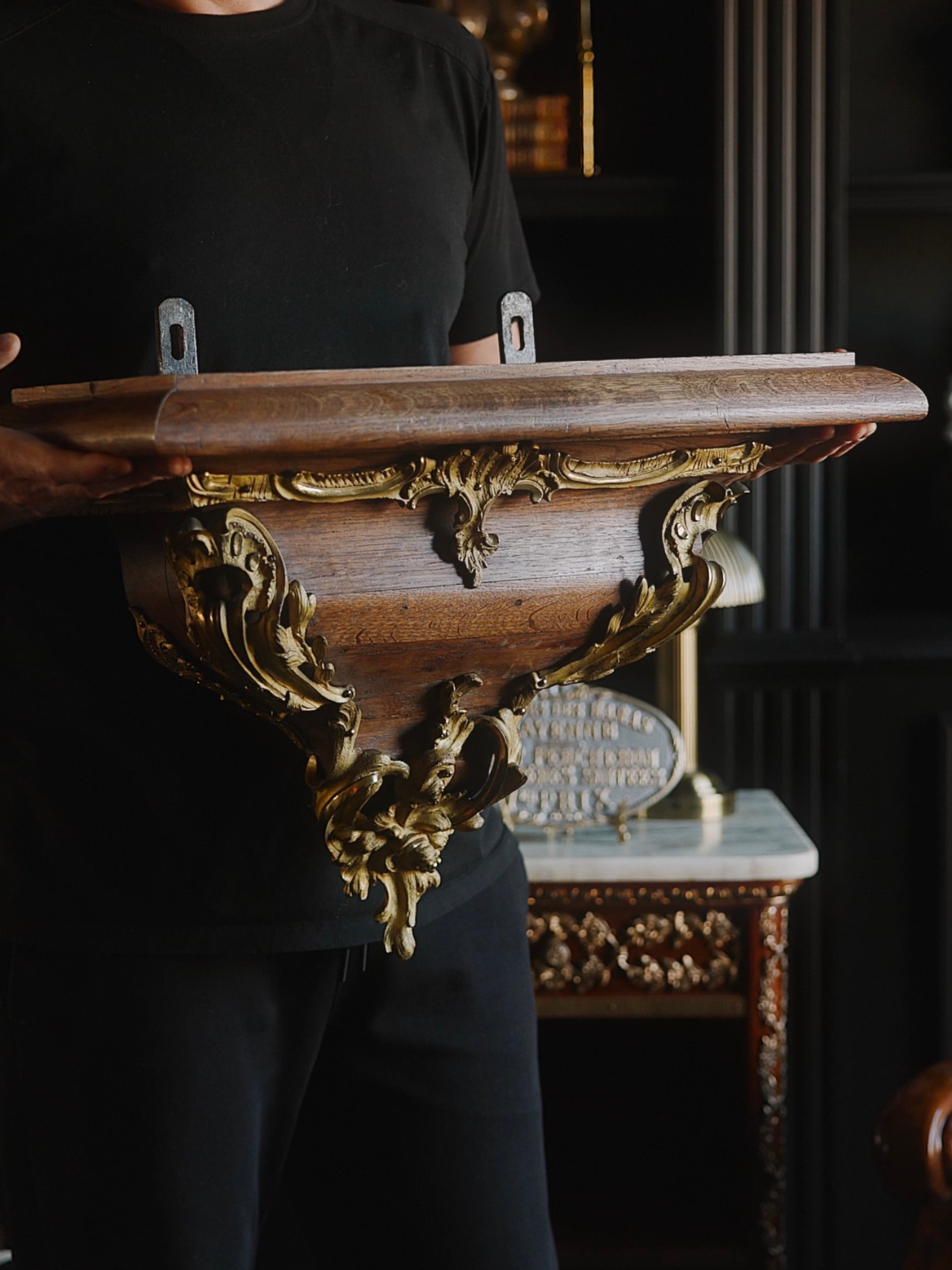 Antique French Giltwood Wall Console Shelf With Bronze Trimmings