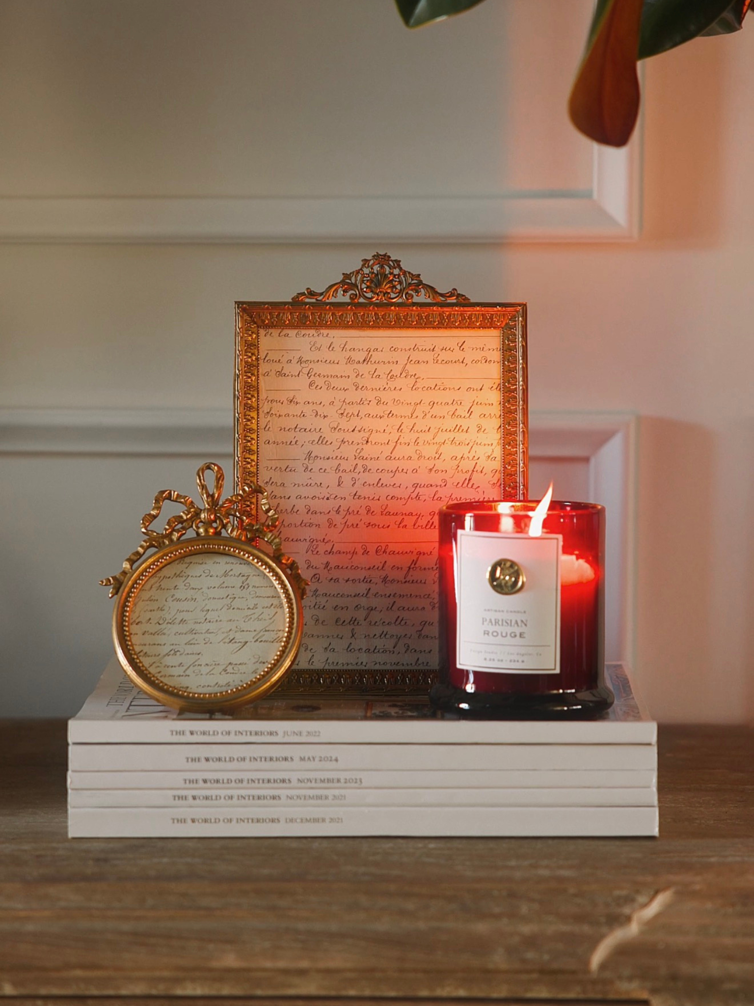 Antique French Gilt Bronze Rectangular Frame with Moss Silk Interior Behind Manuscript