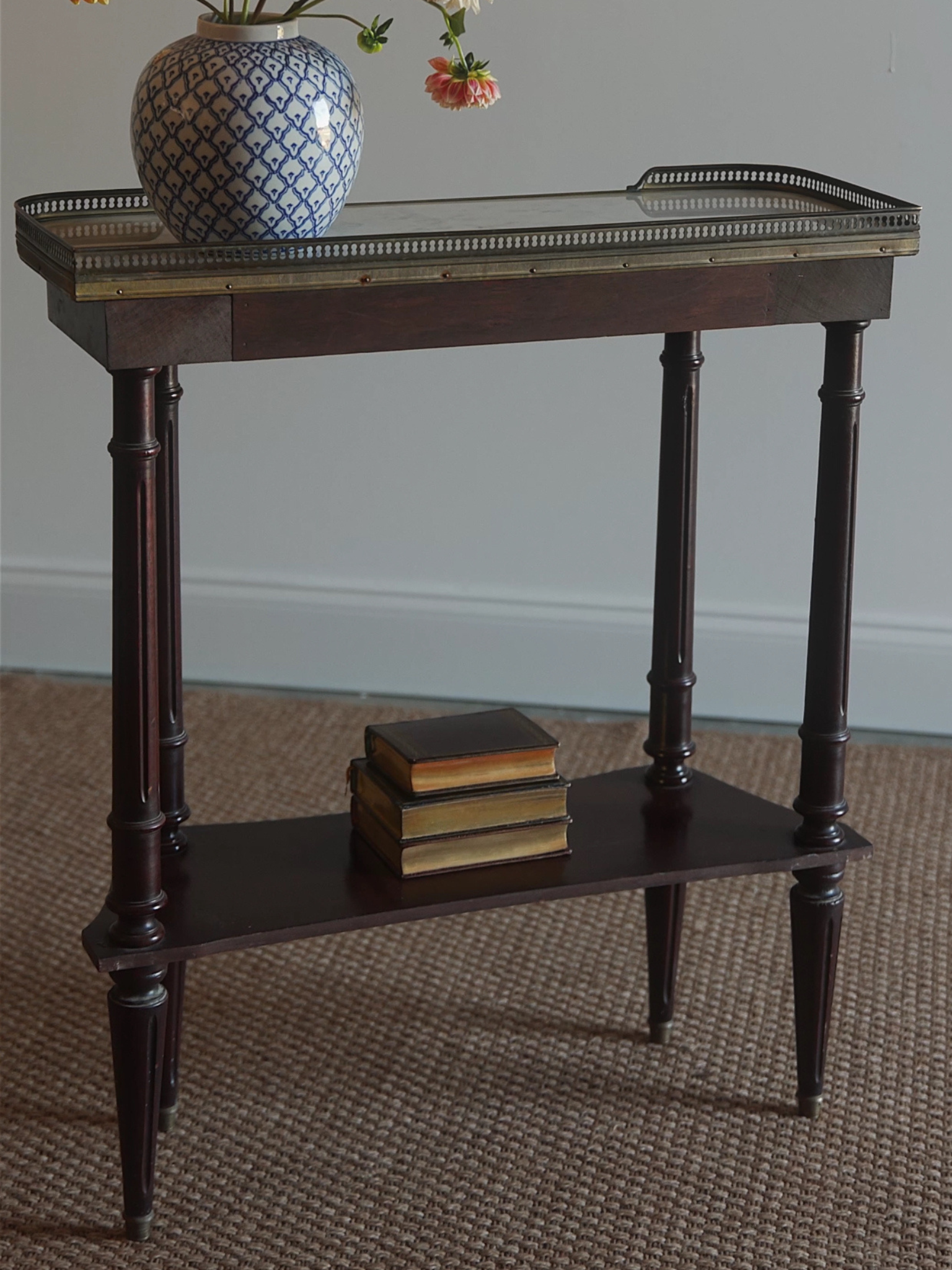 French Louis XVI–Style Mahogany Side Table with Marble Top