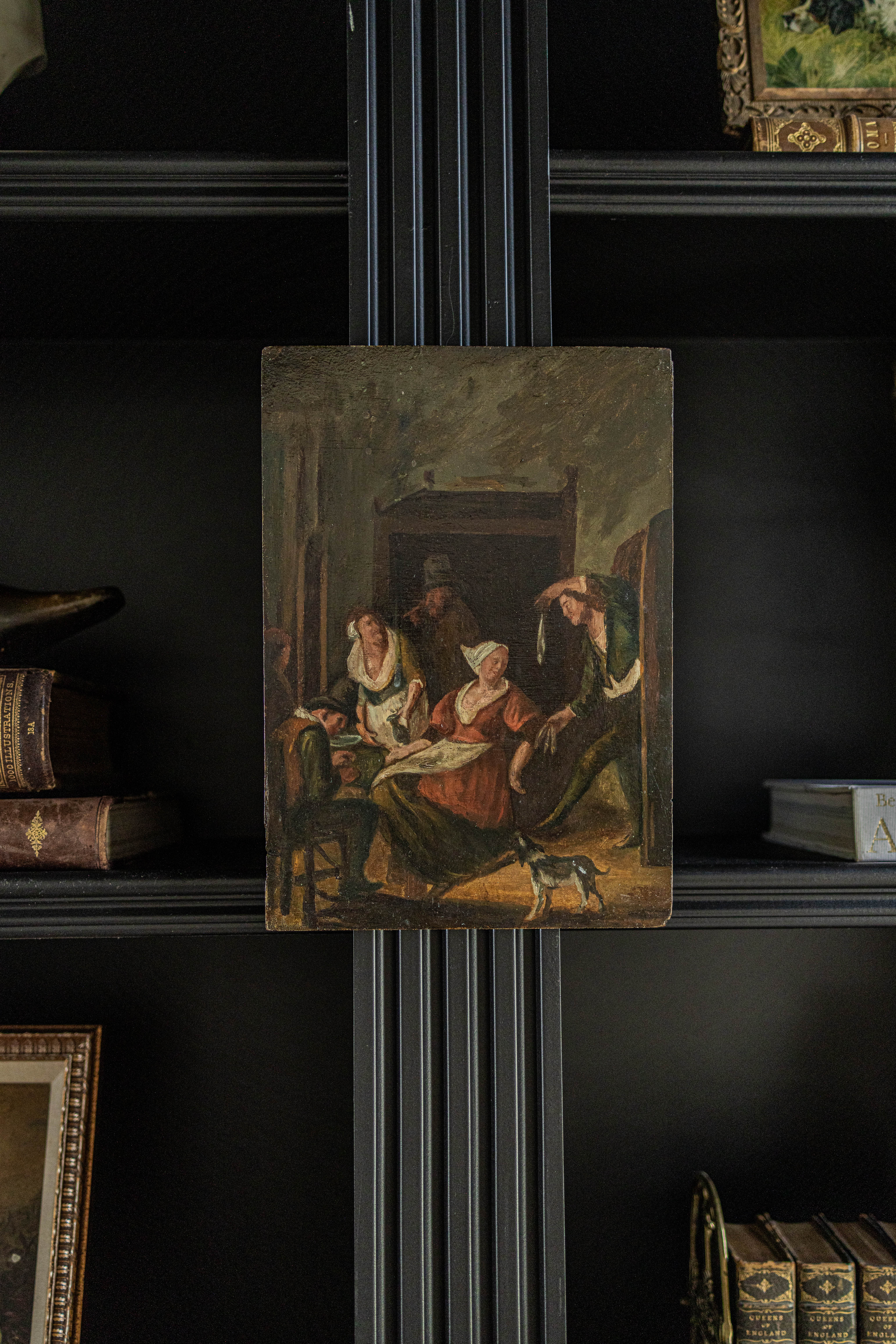 1800s Oil on Wood Reproduction of Jan Havicksz Steen's "The Gallant Offer". Originally Painted between 1625-1679.