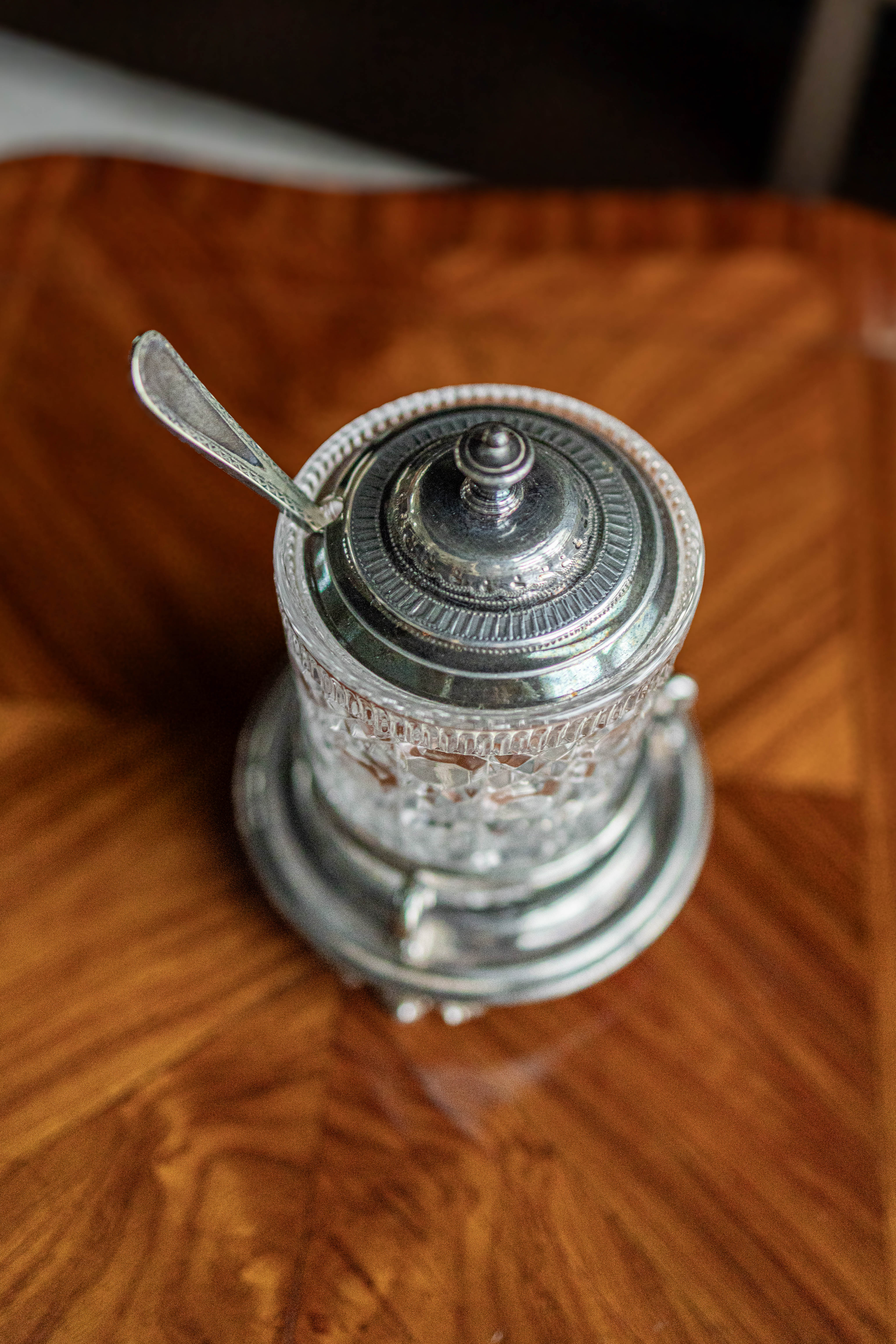 Antique Crystal & Silver Condiment Jar with Spoon