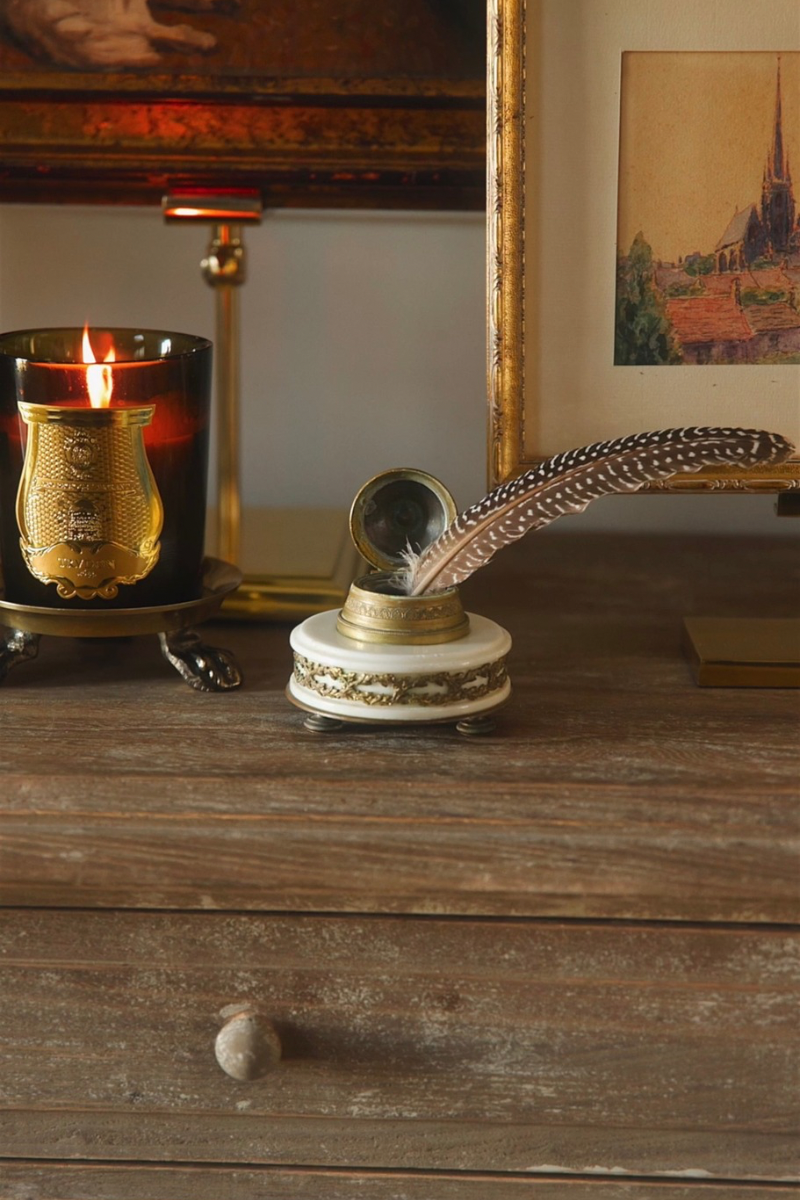 19th Century French Alabaster & Gilt Bronze Inkwell with Hinged Lid