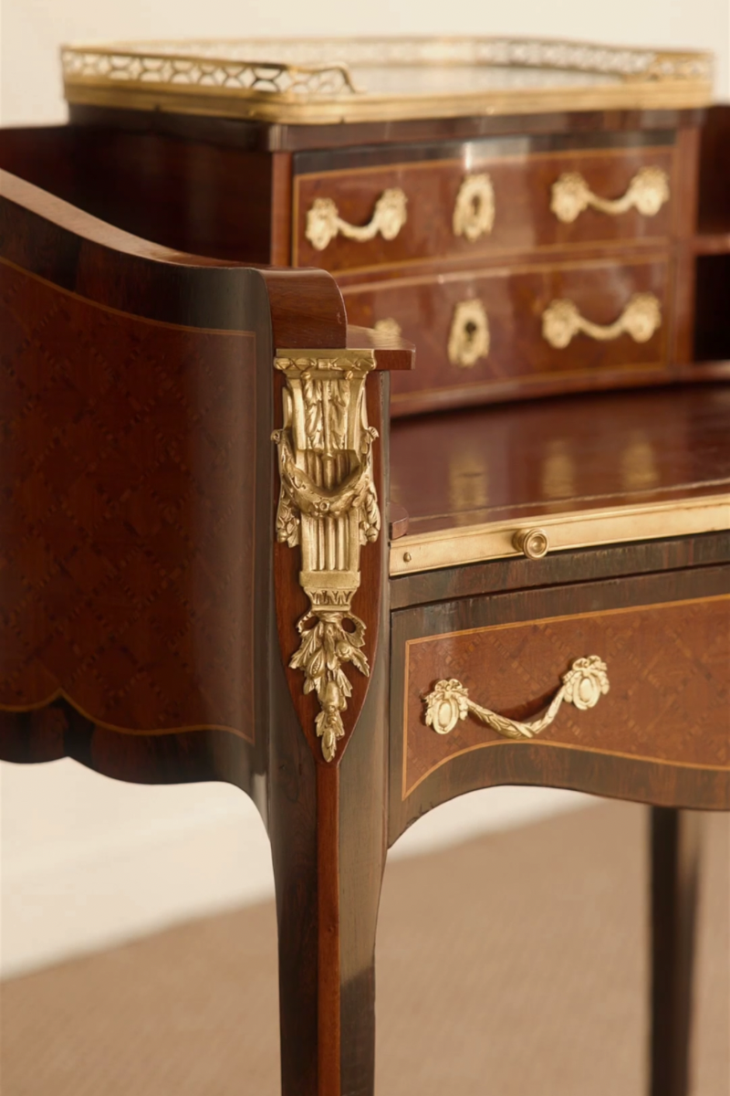 19th Century French Louis XV–Style Marquetry Writing Desk with Marble Gallery Top