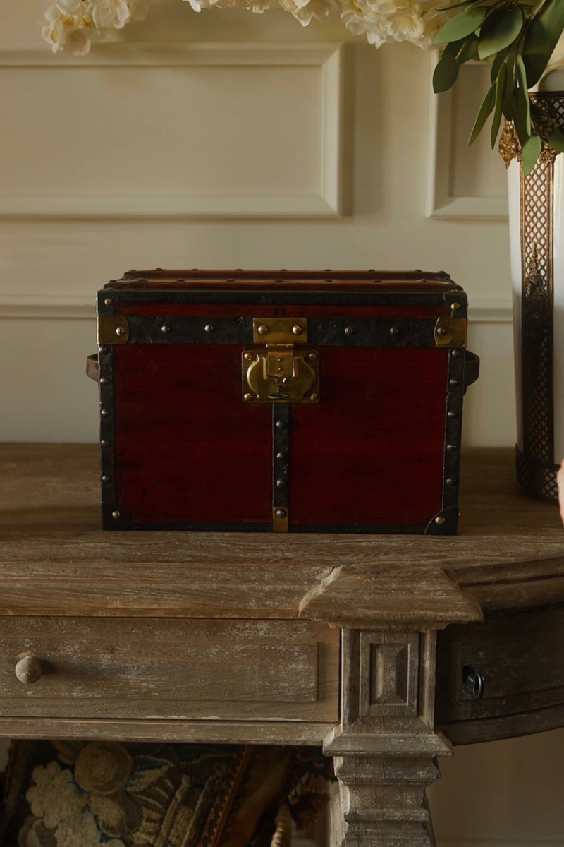 19th-Century French Brass-Bound Travel Trunk