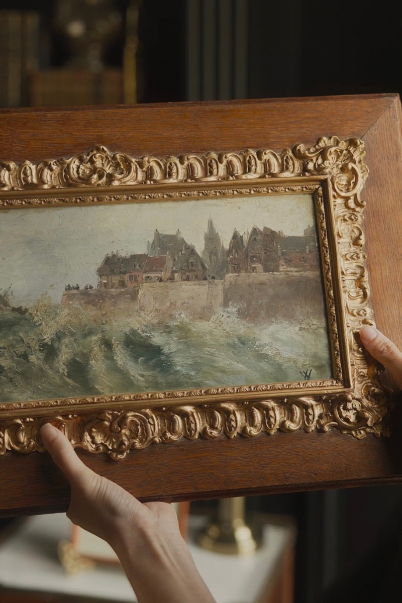 Late 19th-Century European Coastal Landscape with Breaking Waves, Signed with Monogram | Hand Carved Oak & Gilt Frame