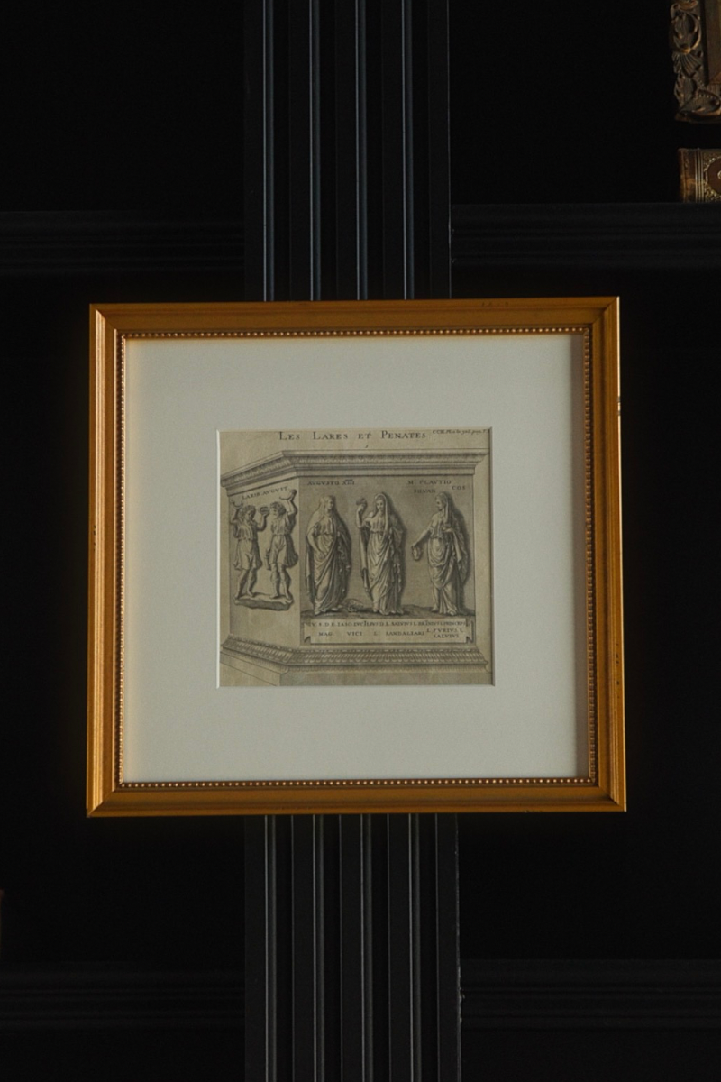 18th Century French Neoclassical Engraving, “Les Lares et Pénates,” Depicting Roman Household Deities - Newly Custom Framed