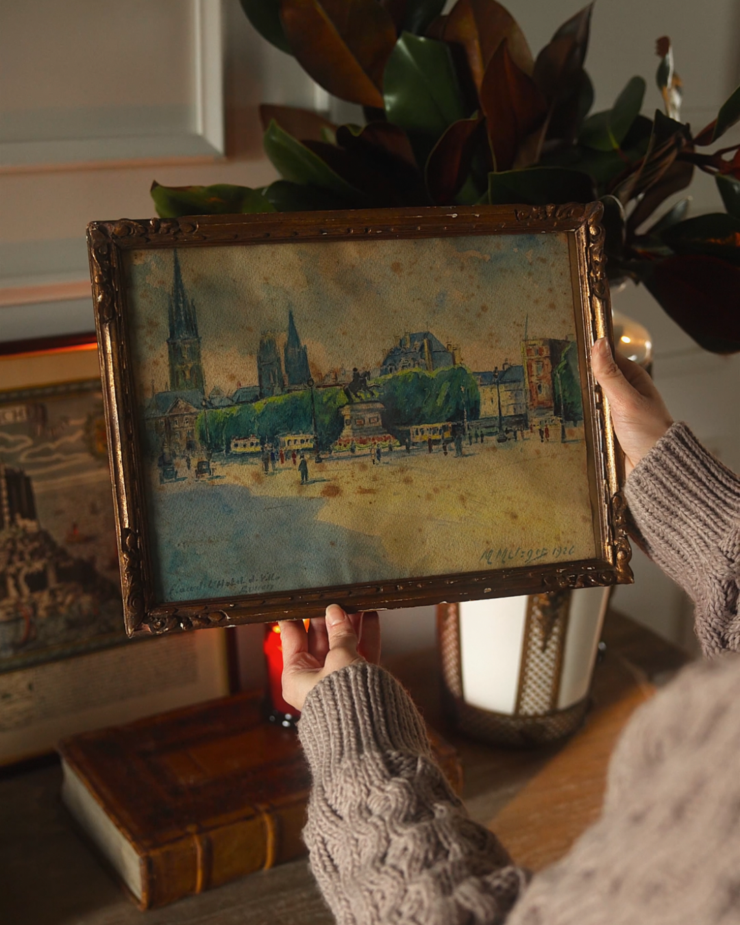 Early 20th Century European City Square Watercolor in Gilt Frame