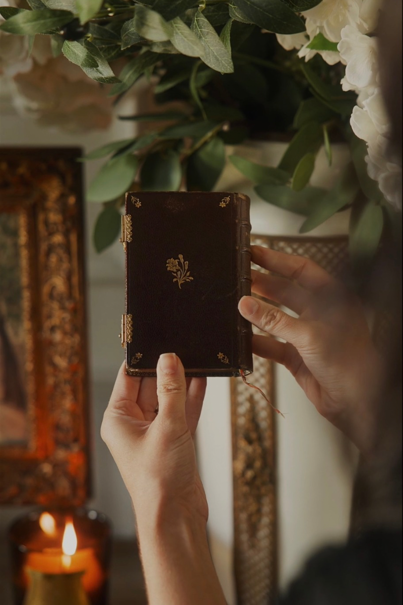 19th C. French Leather Decorative Missal with Double Clasp & Floral Gilding