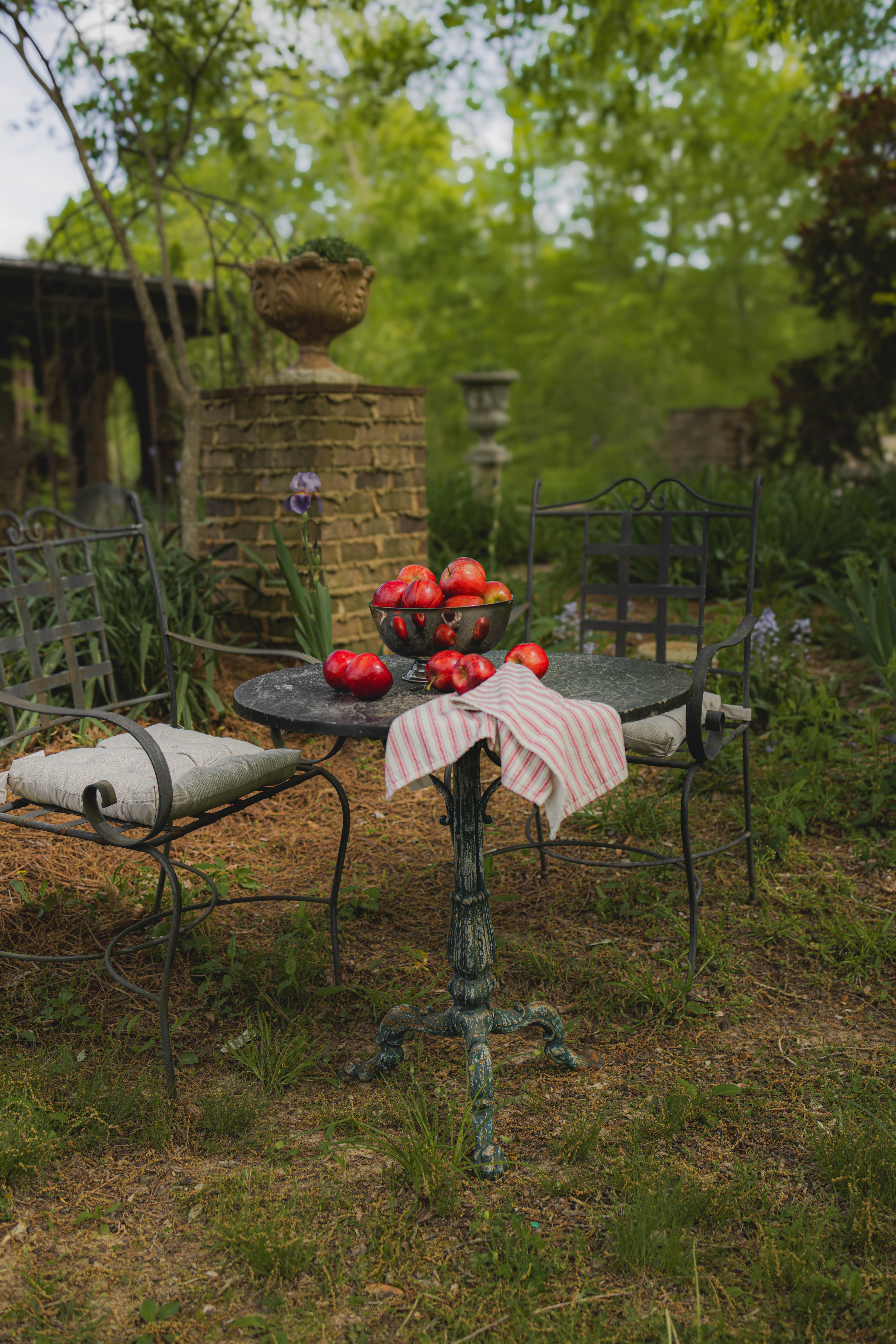 19th Century French Blue Iron Stone Outdoor Table with Wrought Iron Base