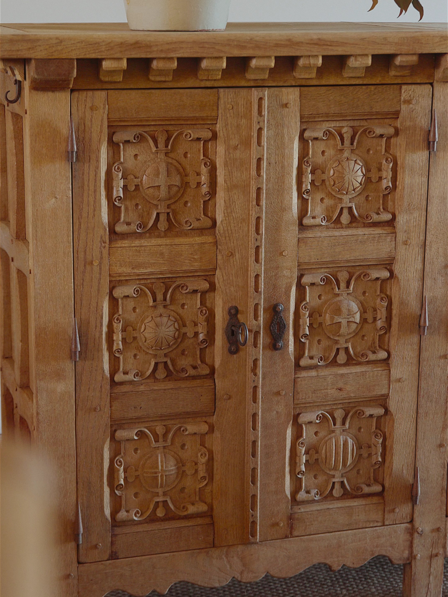 Spanish Renaissance Revival Carved Oak Sideboard with Original Key