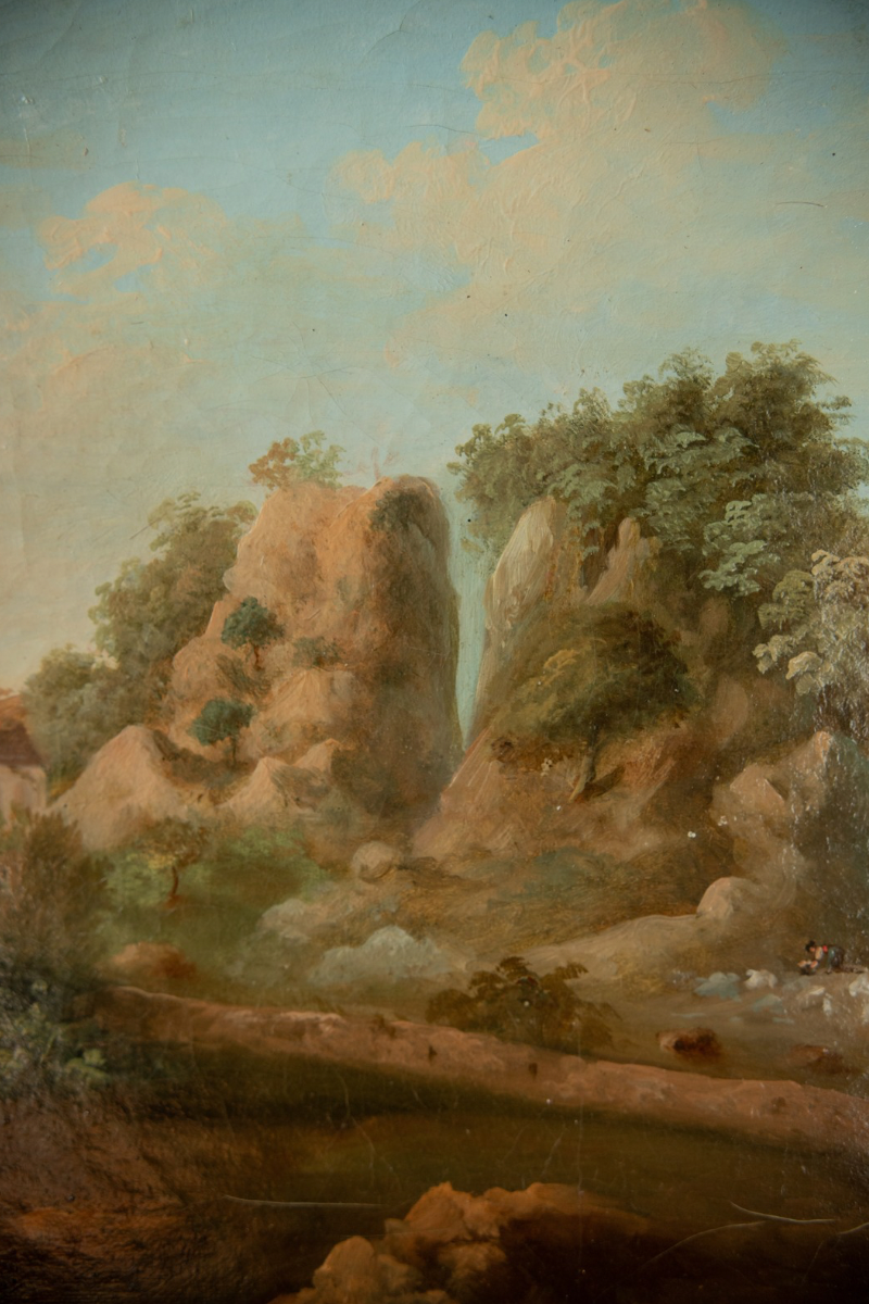 19th Century European Romantic Landscape Oil Painting Featuring Mountain Waterfall and Countryside Dwelling