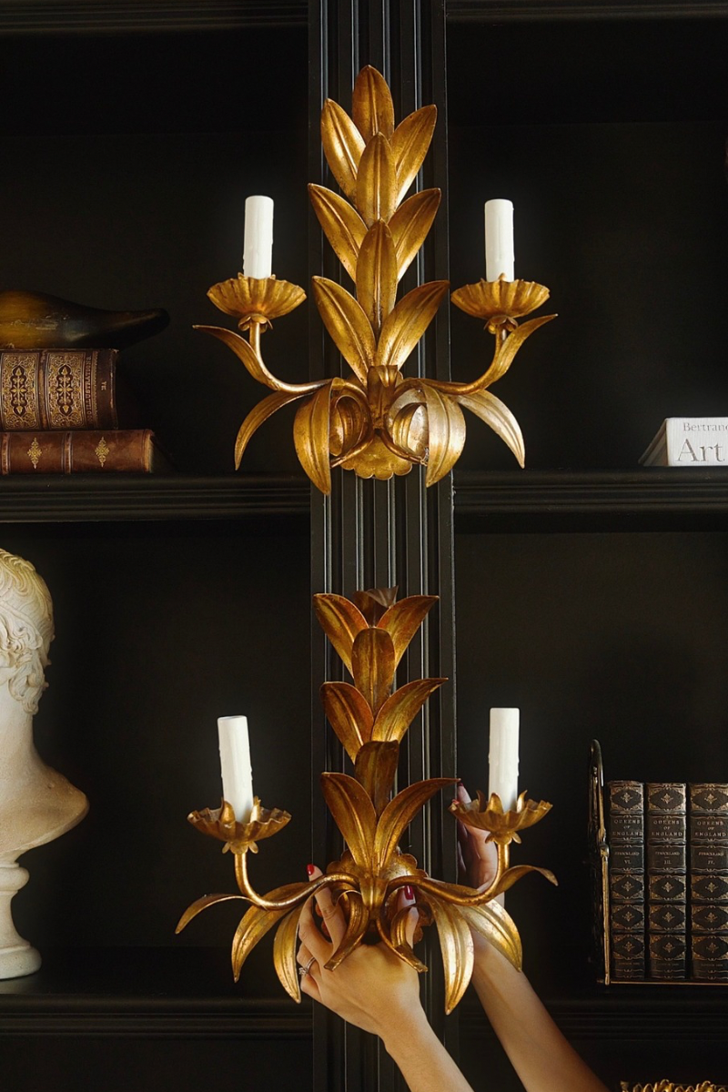 Pair of Mid-Century Italian Gilt Tole Palm Frond Two-Light Wall Sconces