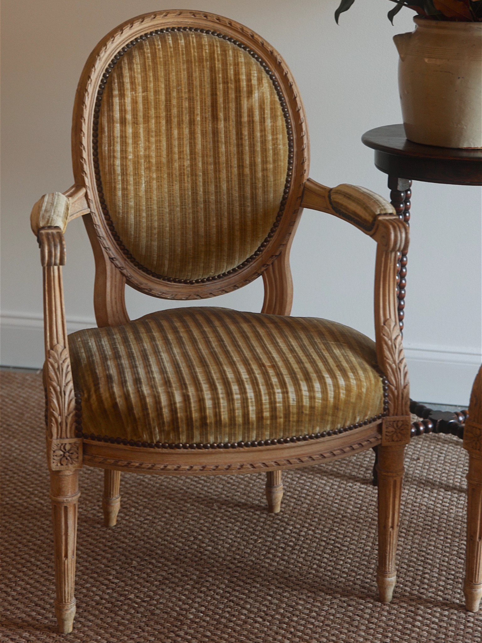 Pair of Louis XVI Revival Armchairs in Striped Velvet Upholstery