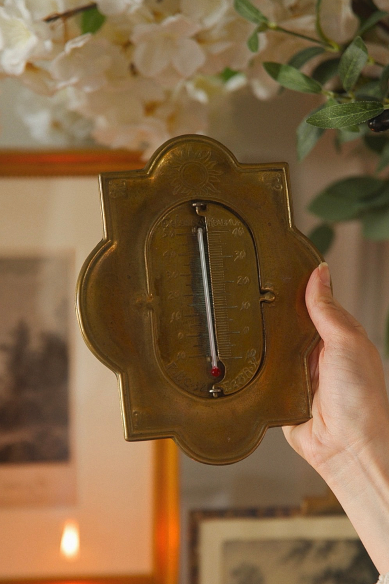 19th Century French Brass Wall Thermometer with Sun Motif