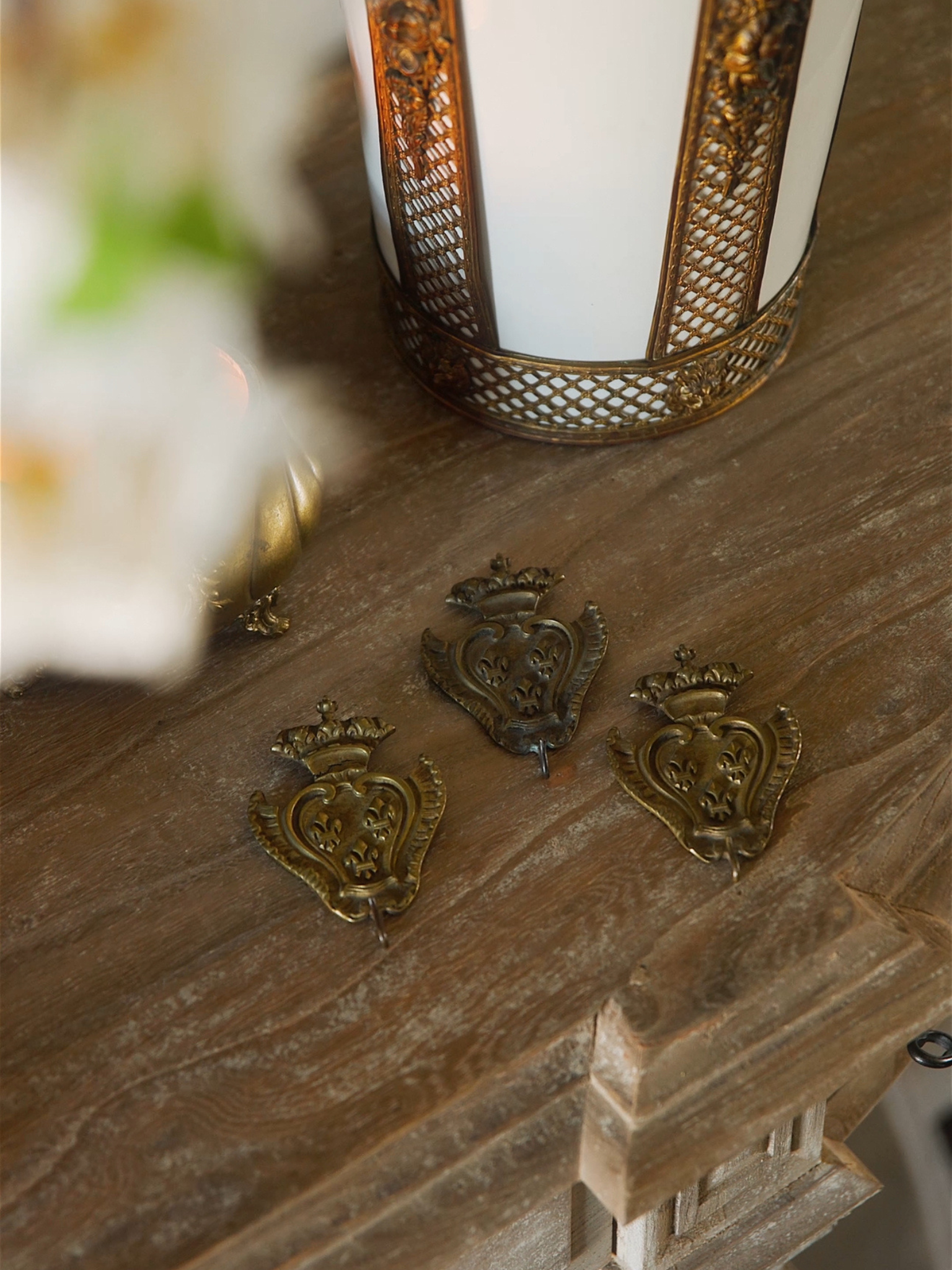 Set of Three Antique French Brass Fleur-de-Lis Crown Hooks