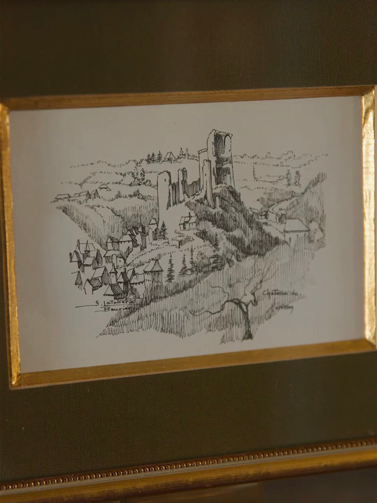 Early 20th-Century French Architectural Ink Drawing of a Medieval Hilltown, in Giltwood Frame