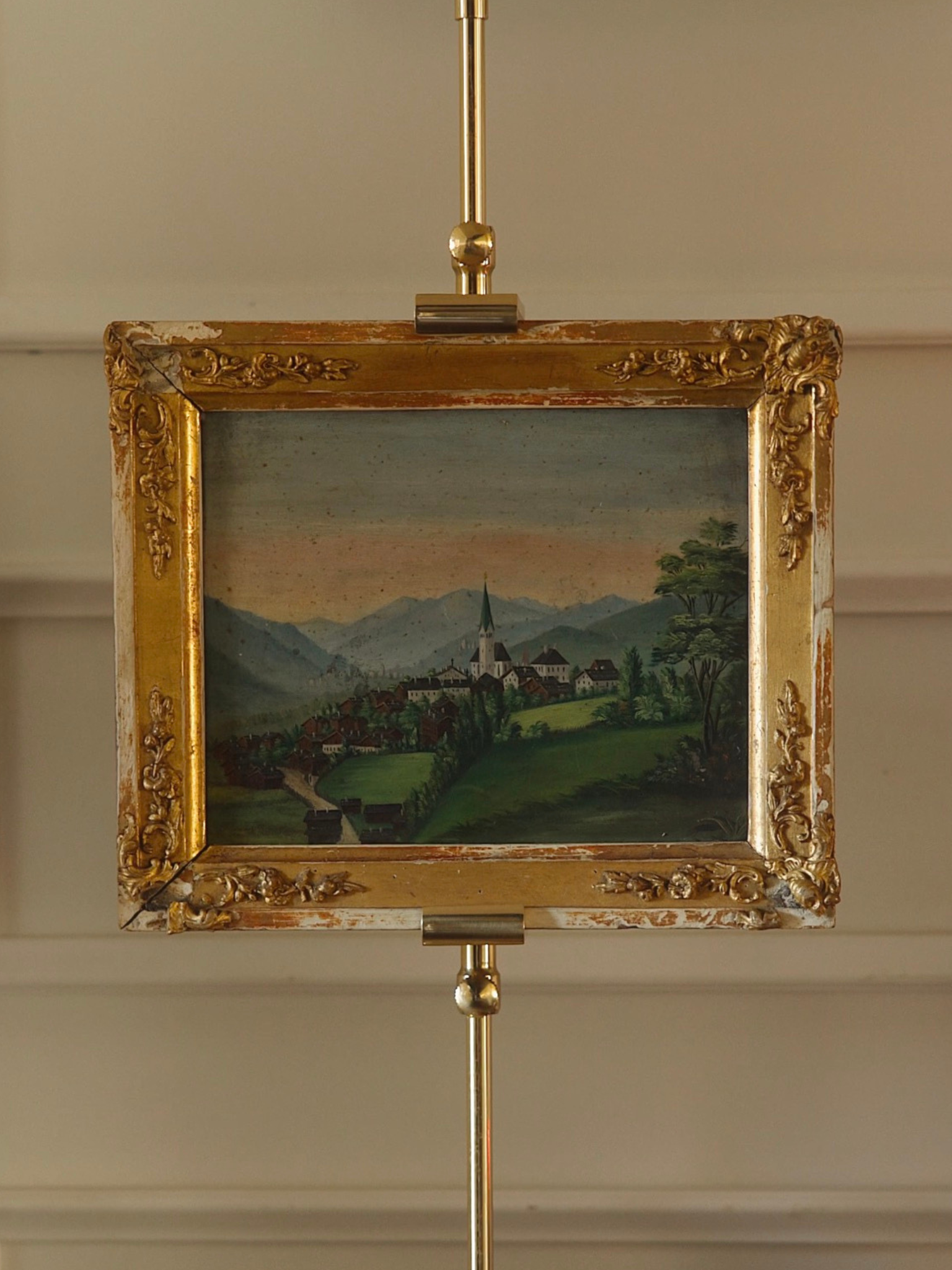 Late 19th-Century European Hand-Painted Village Landscape on Copper in Original Gilt Frame