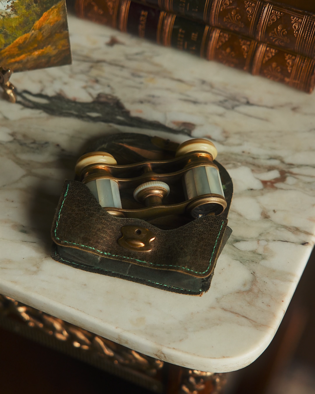 Late 19th–Early 20th Century French Mother-of-Pearl Opera Glasses with Leather Case