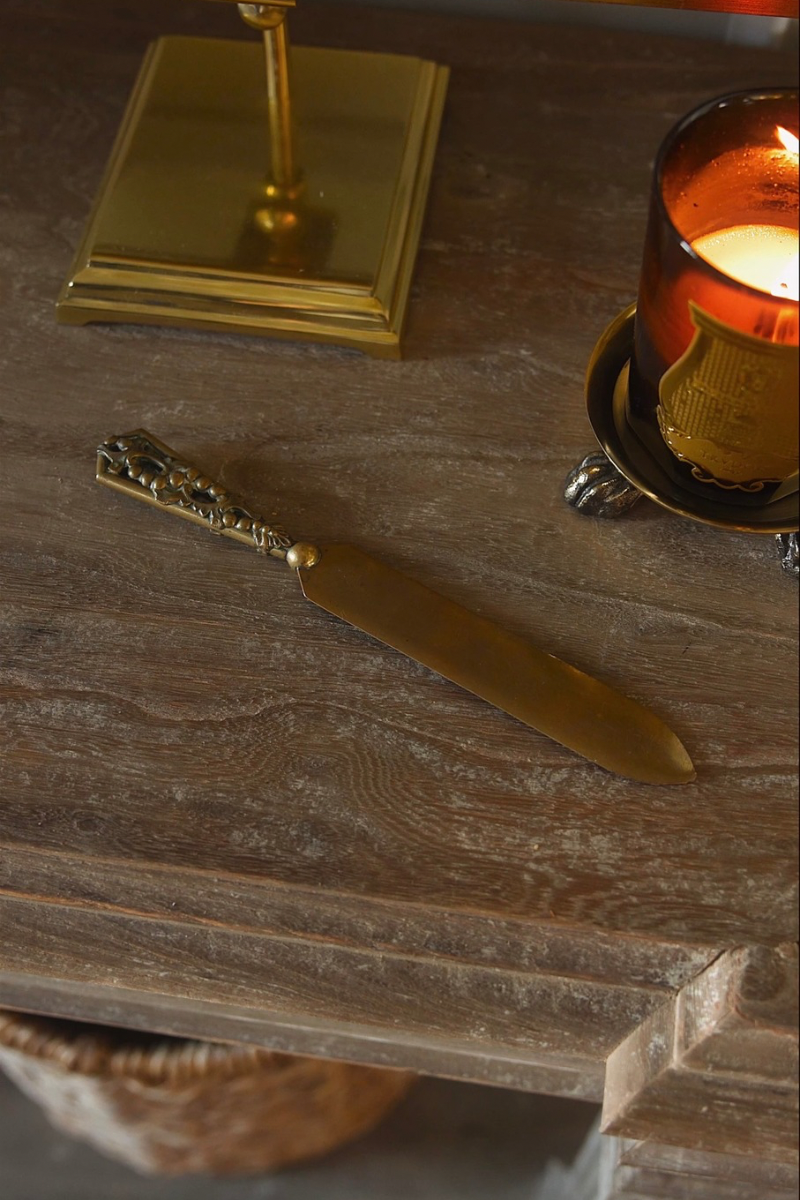 Antique Brass Letter Opener with Pierced Grape Vine Handle & Engraved Monogram