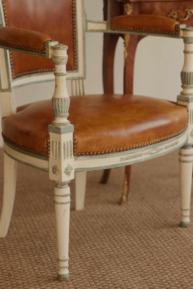 19th Century French Louis XVI–Style Painted Fauteuil with Leather Upholstery