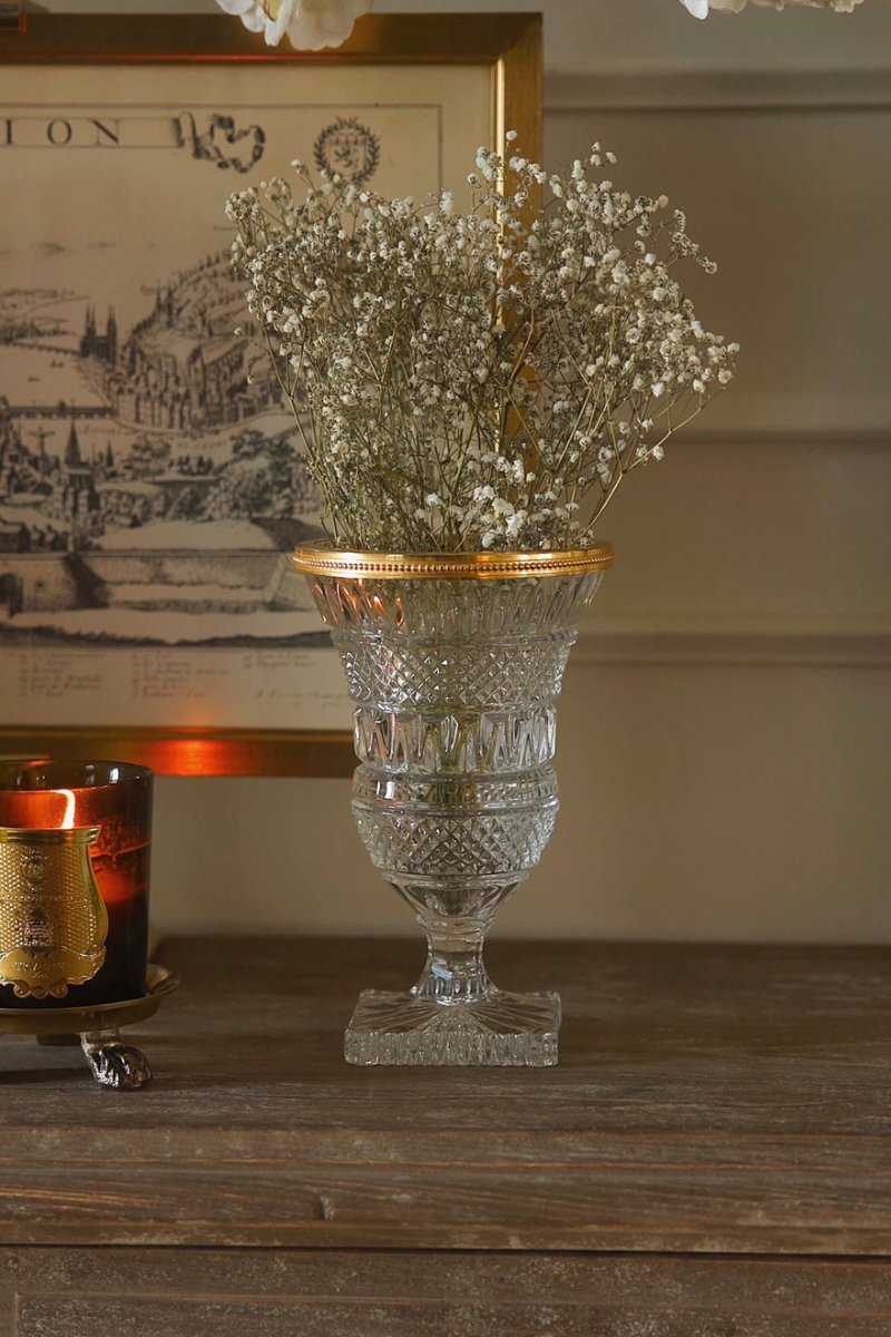 Antique Cut Crystal Medici-Form Vase with Gilt Bronze Rim
