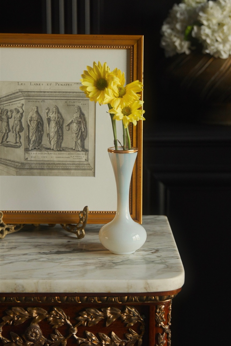French Opaline Glass Bud Vase with Gilt Rim