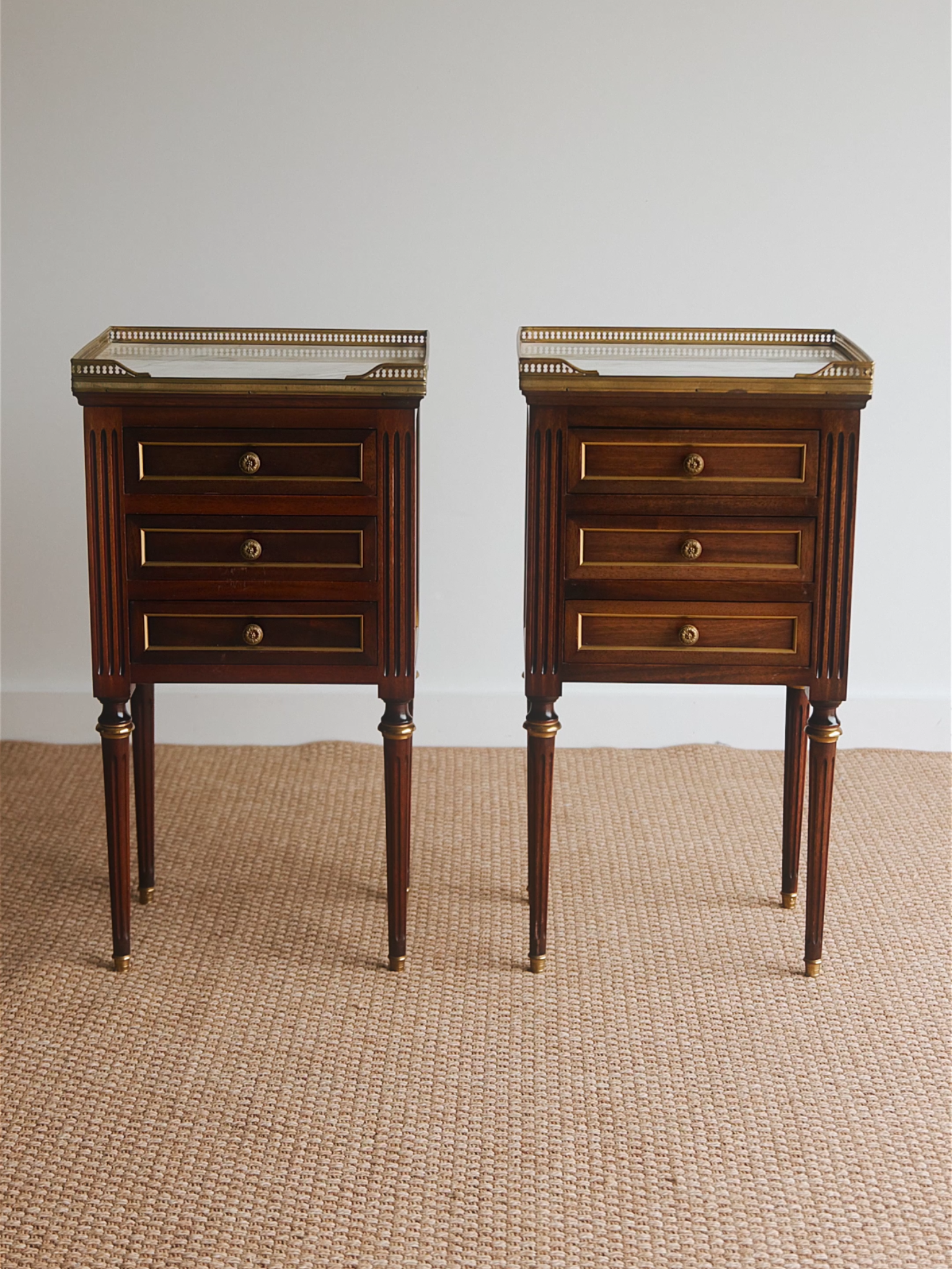 Pair of French Louis XVI–Style Nightstands With Marble Tops