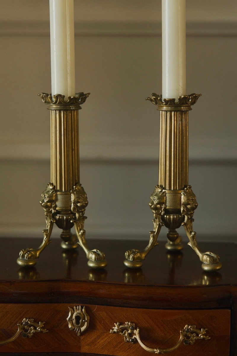 Pair of 19th-Century Bronze Candlesticks with Lion-Mask Supports