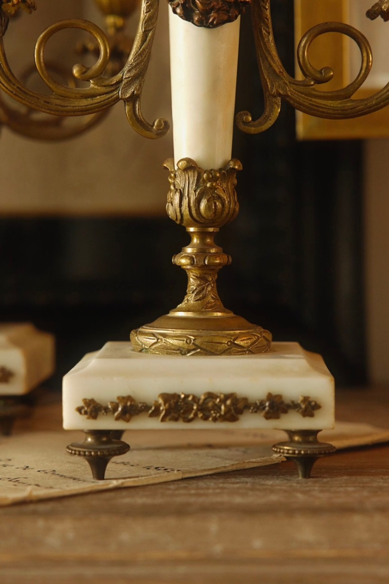Pair of 19th Century French Louis XVI Style Gilt Bronze & Marble Candelabra