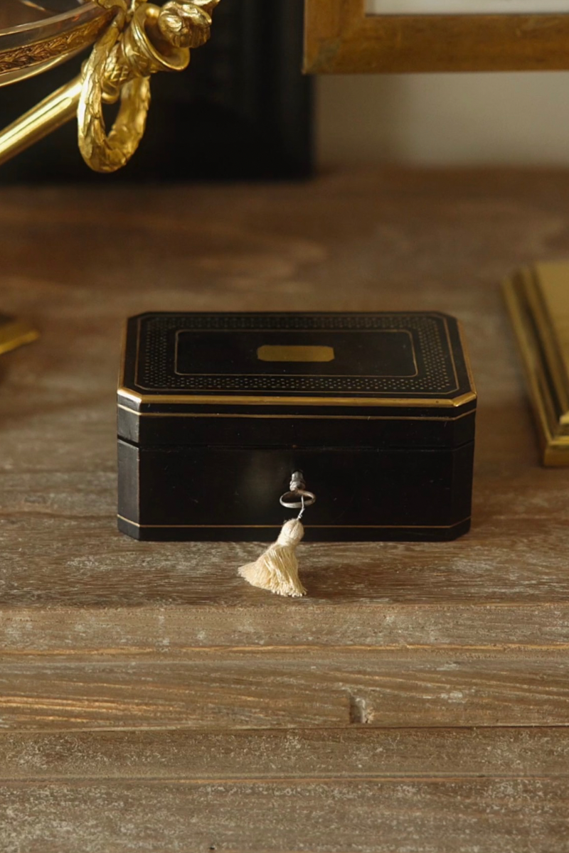 19th C. Ebonized Jewelry of Glove Box with Brass Inlay