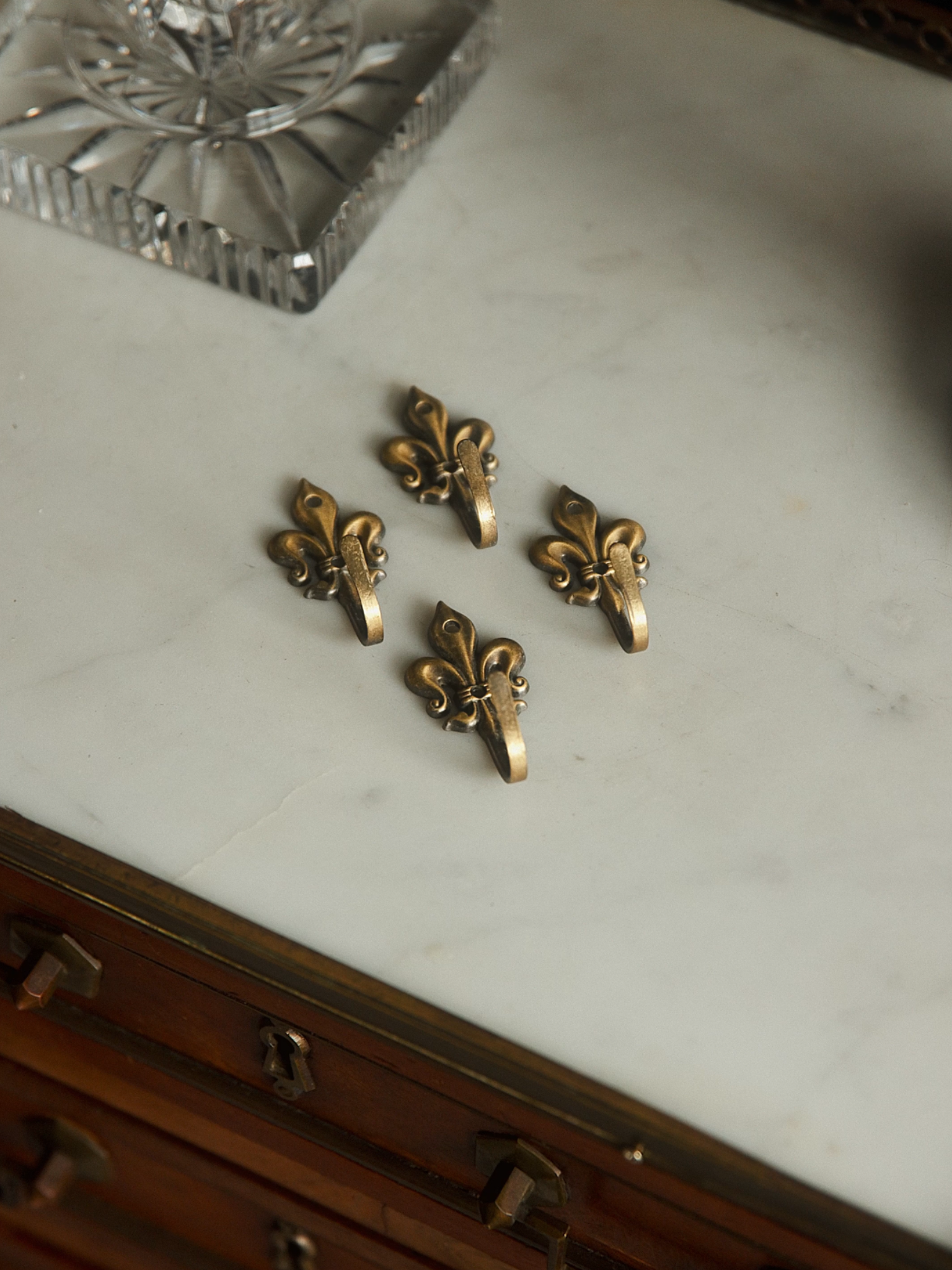 Set of 4 Miniature Gold Plated Fleur De Lis Wall Hooks