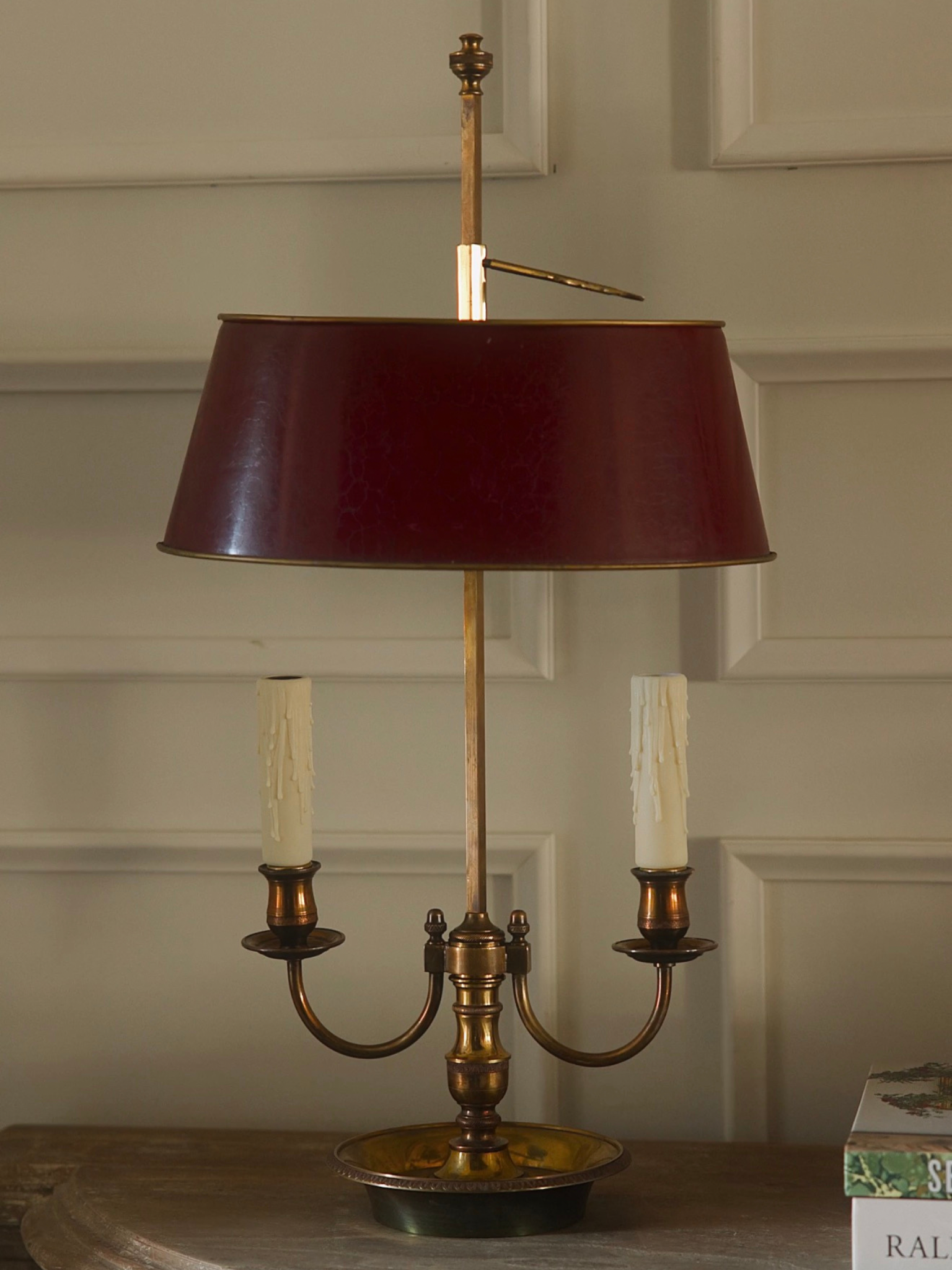Early 20th-Century French Bouillotte Table Lamp With Burgundy Tôle Shade and Twin Candle Lights