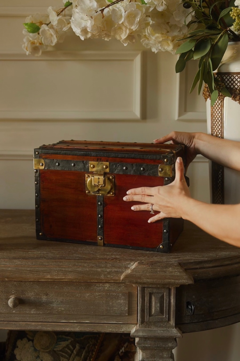 19th-Century French Brass-Bound Travel Trunk