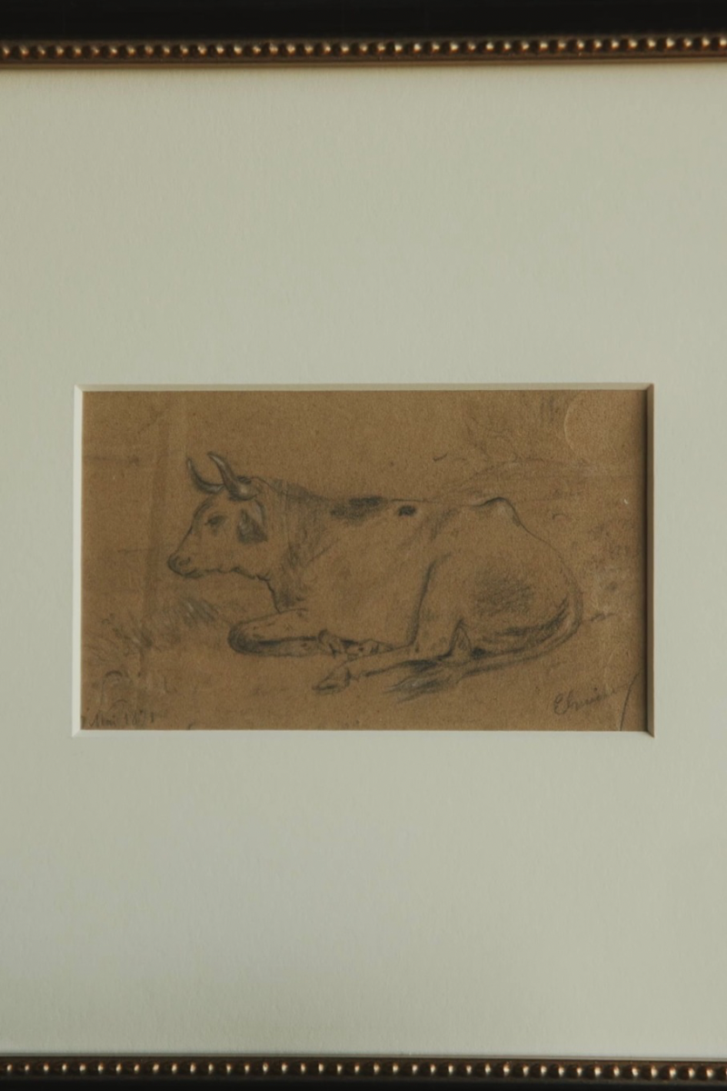 19th Century French School Charcoal Animal Study – Reclining Cow (Framed)