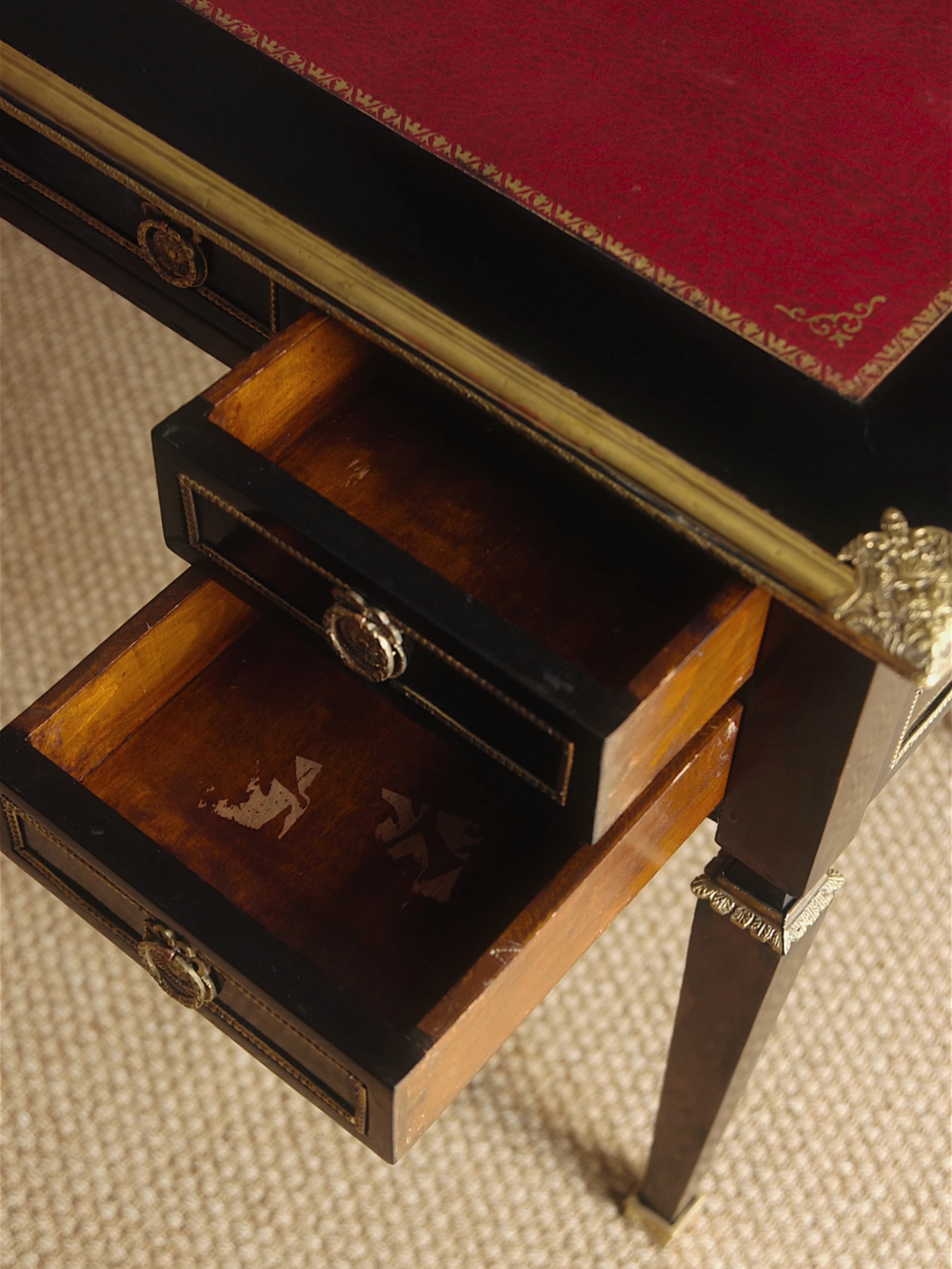 French Empire Revival Ebonized Bureau Plat with Gilt Bronze Mounts & Red Tooled Leather Top