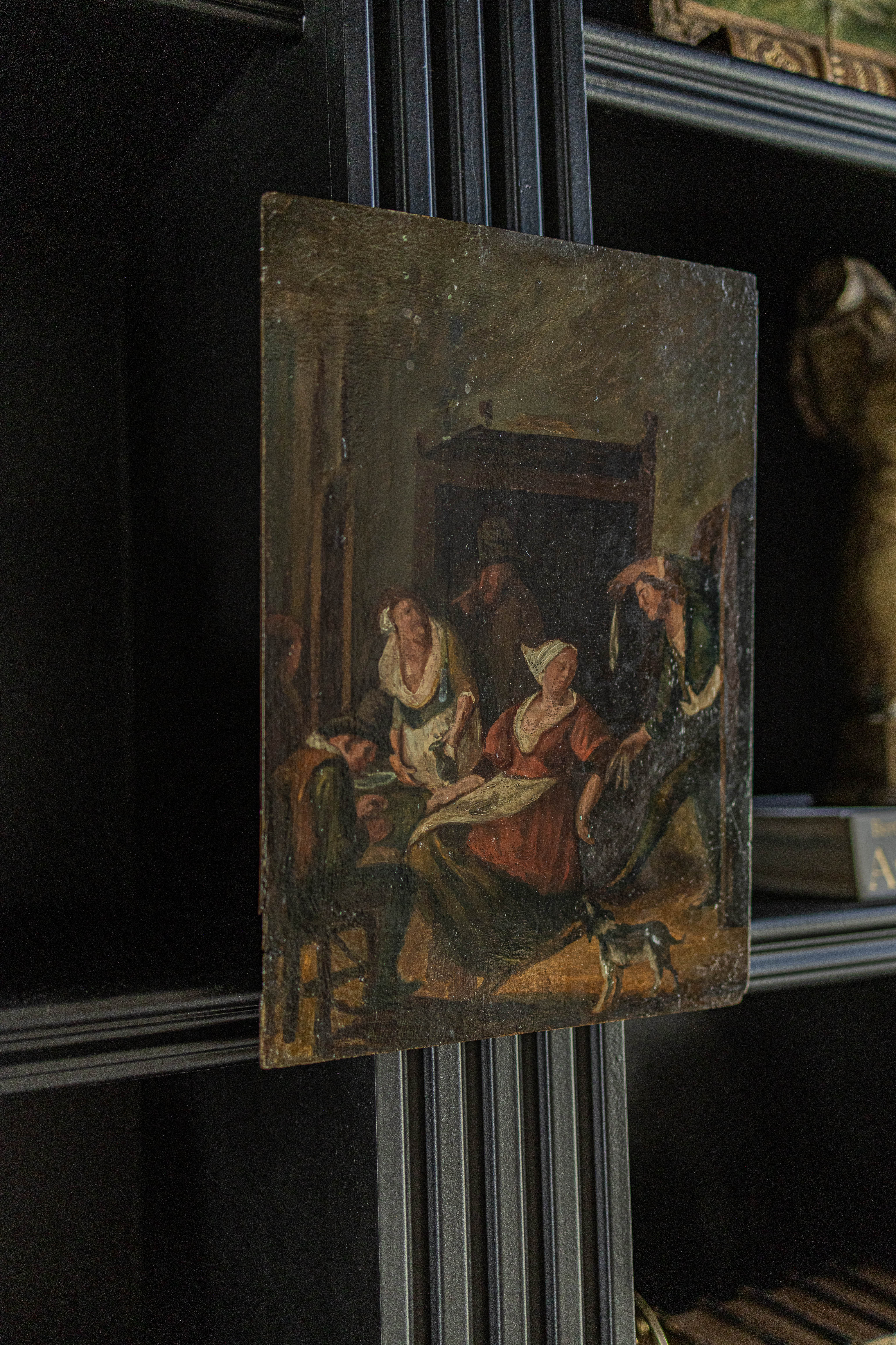 1800s Oil on Wood Reproduction of Jan Havicksz Steen's "The Gallant Offer". Originally Painted between 1625-1679.