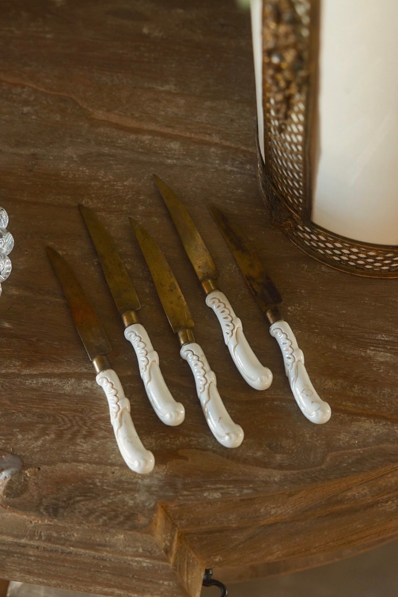 Set of 5 19th C. Stamped Bronze & Porcelain Butter Knives