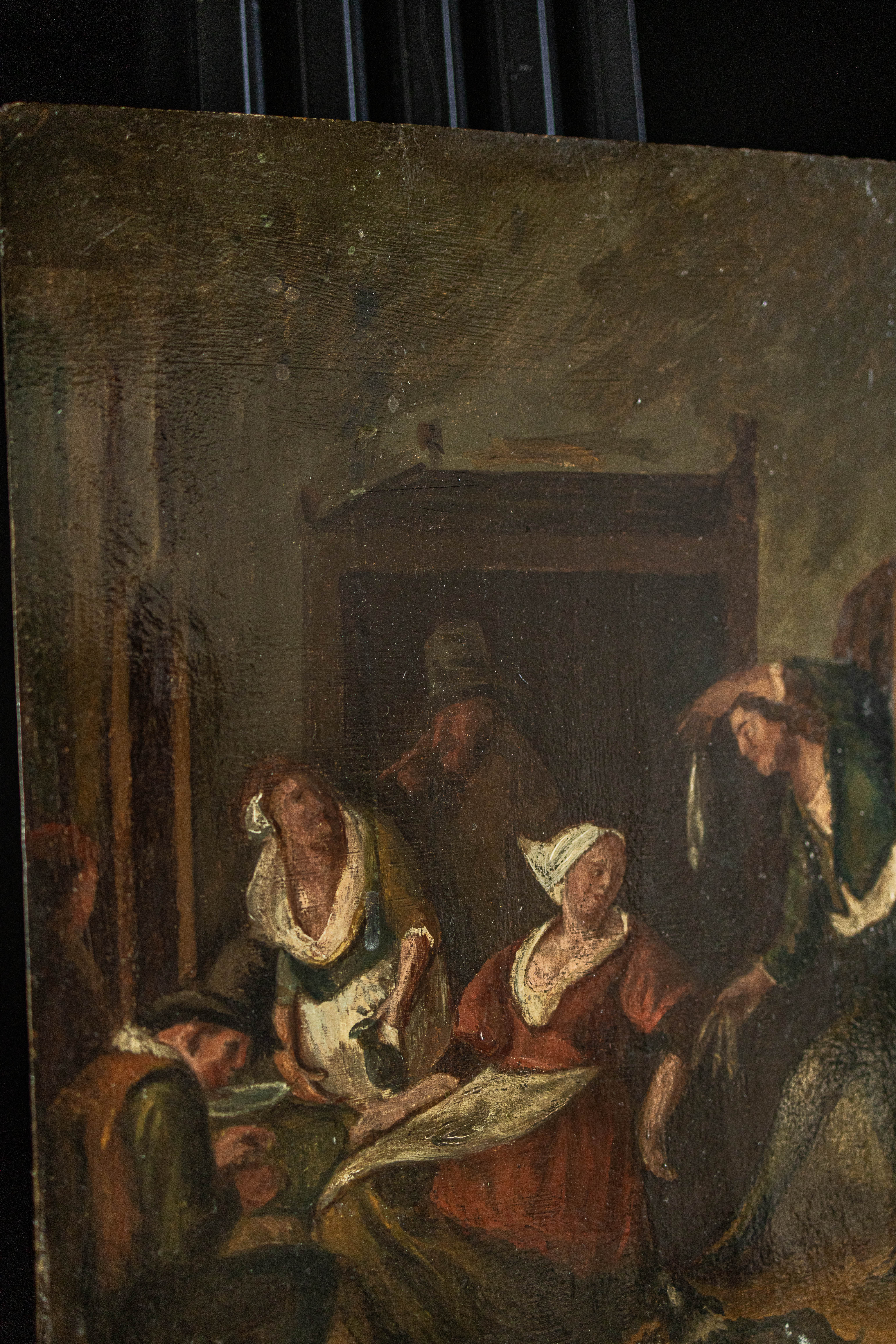 1800s Oil on Wood Reproduction of Jan Havicksz Steen's "The Gallant Offer". Originally Painted between 1625-1679.