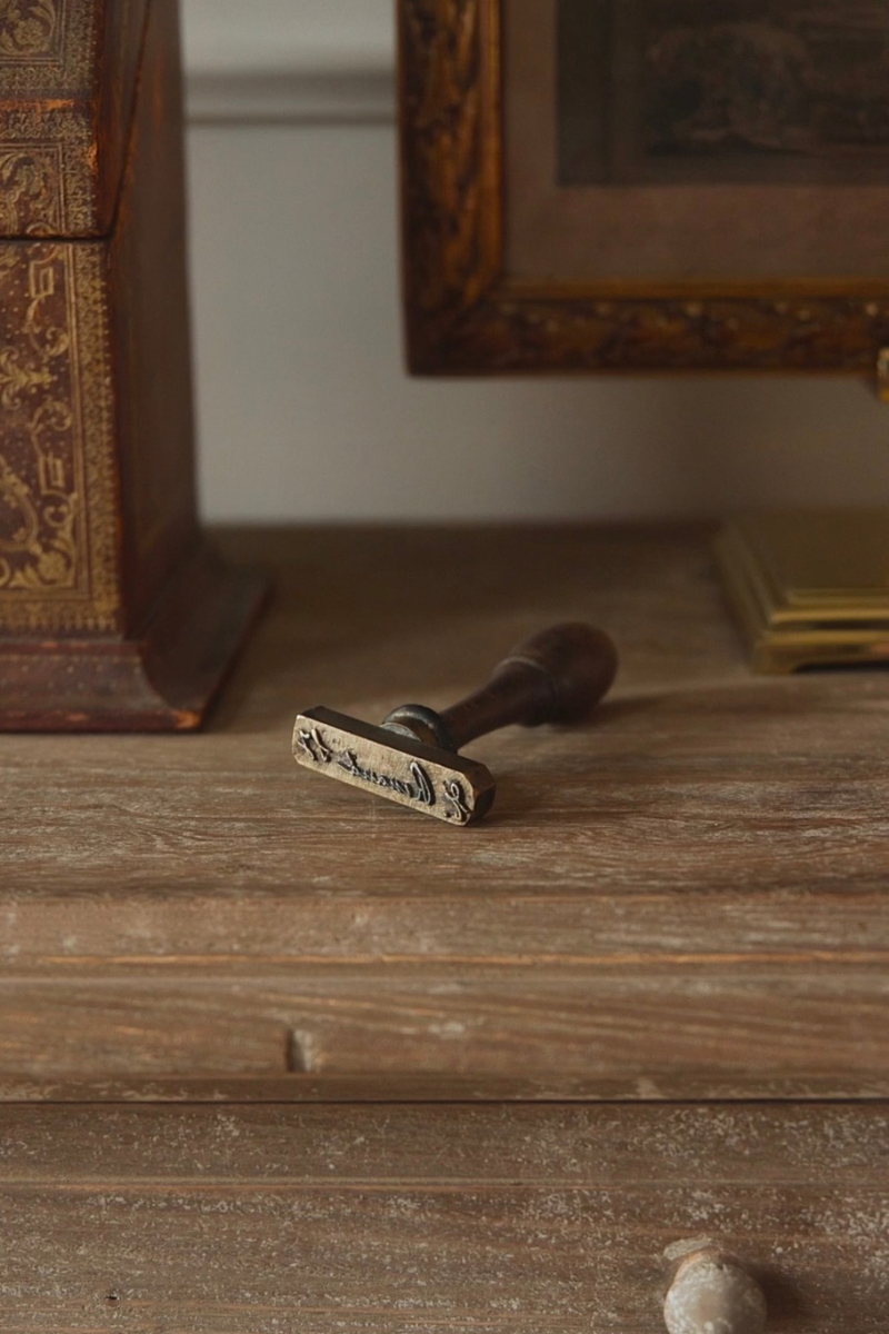 French Brass & Turned Wood Wax Seal Stamp with Script Monogram, 19th Century