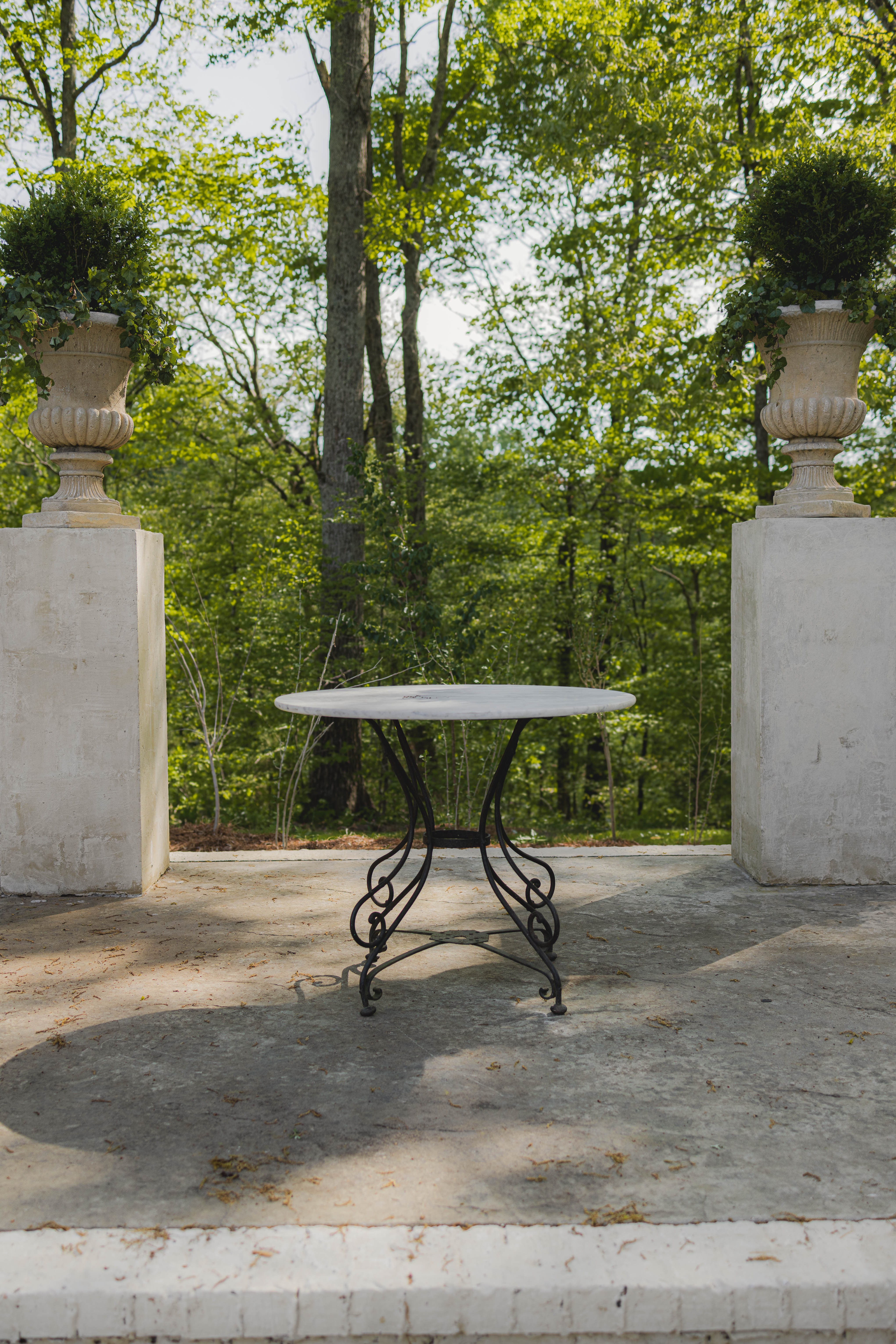 French Marble Top Garden Table with Scroll Iron Base